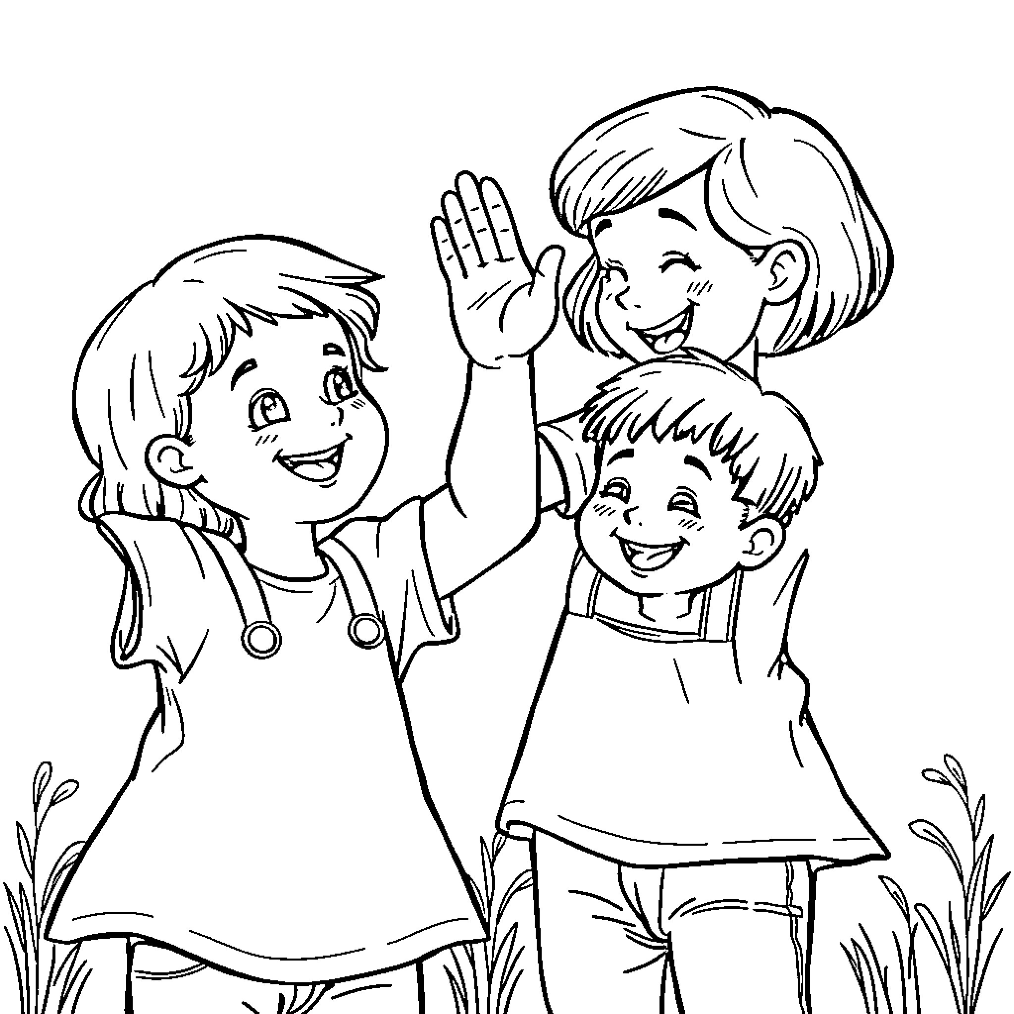 Siblings playing happily together in the garden Coloring Page (free black-and-white line drawing printable PDF for all, from beginners to advanced learners, including children, teens, adults, and seniors)