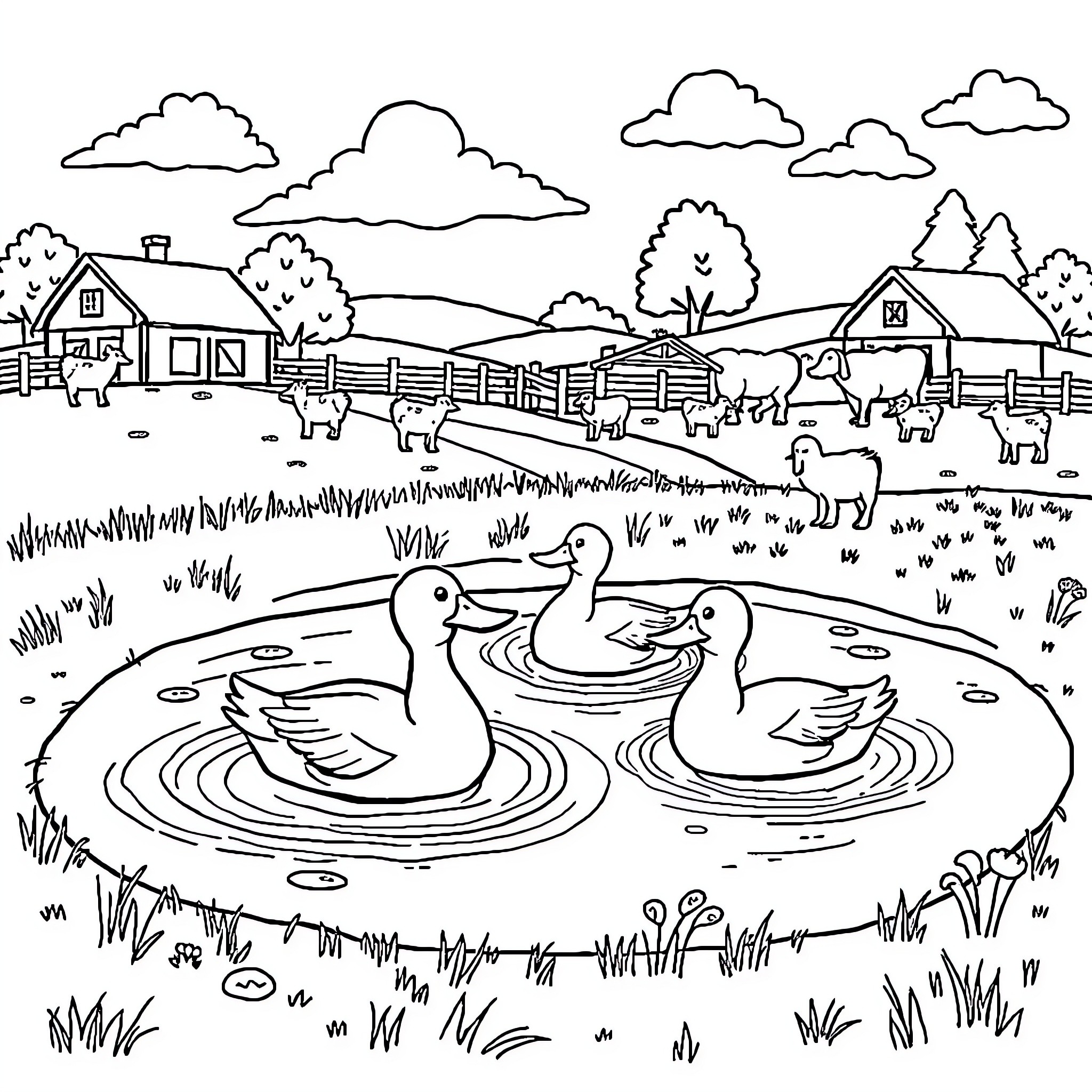 Duck swimming peacefully in a tranquil pond Coloring Page (free black-and-white line drawing printable PDF for all, from beginners to advanced learners, including children, teens, adults, and seniors)