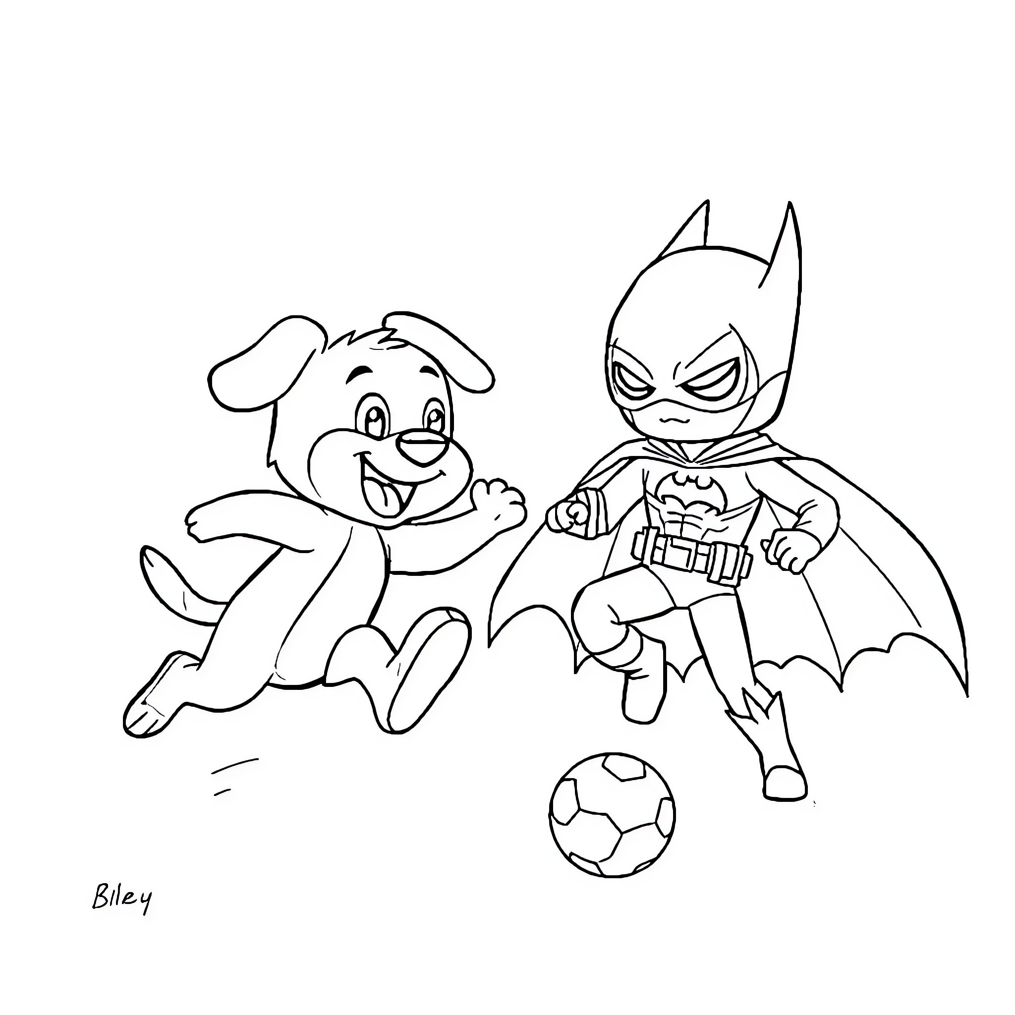 Bluey and Batman Playing Soccer Coloring Page (free black-and-white line drawing printable PDF for all, from beginners to advanced learners, including children, teens, adults, and seniors)