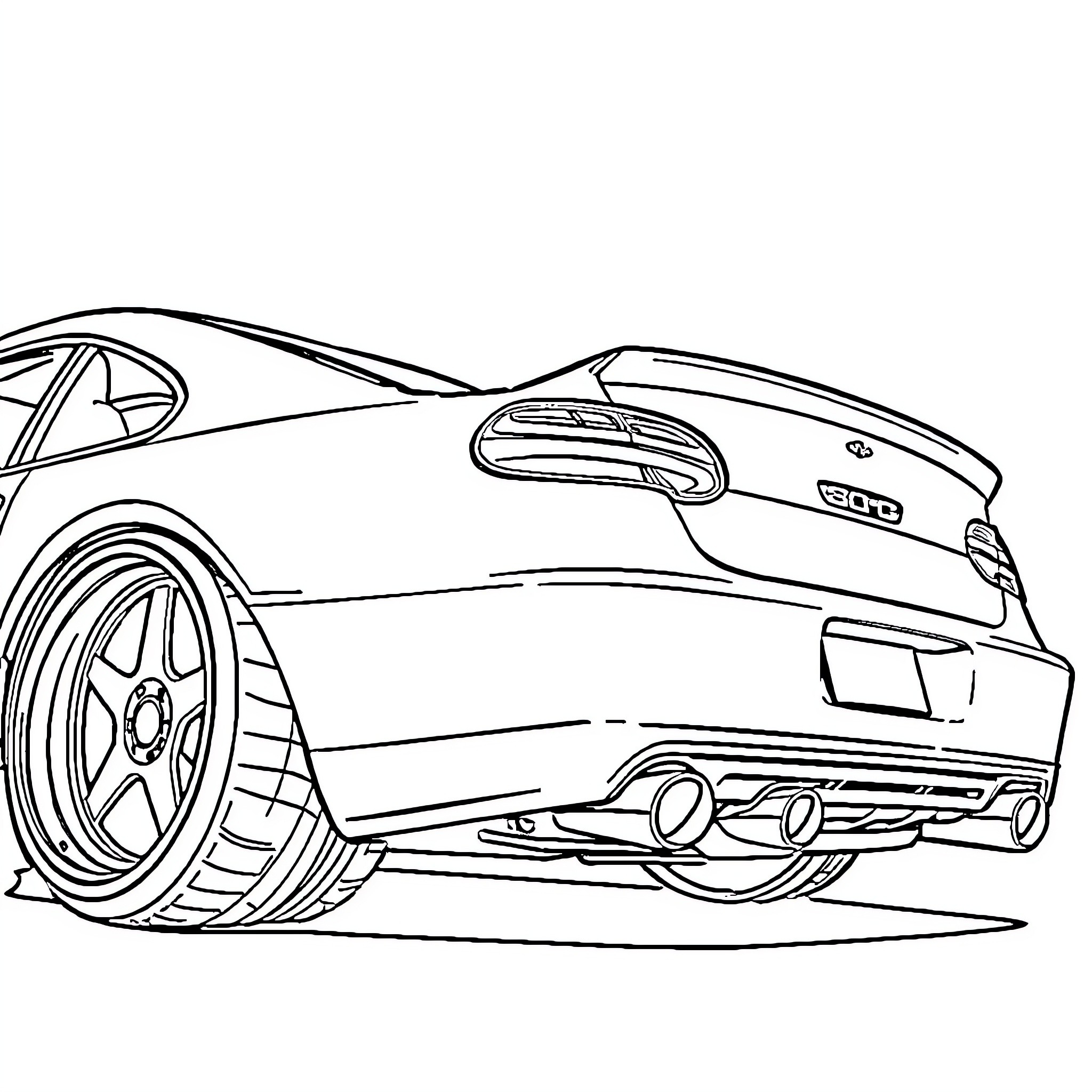Modified Car with Stylized Rear Details Coloring Page (free black-and-white line drawing printable PDF for all, from beginners to advanced learners, including children, teens, adults, and seniors)