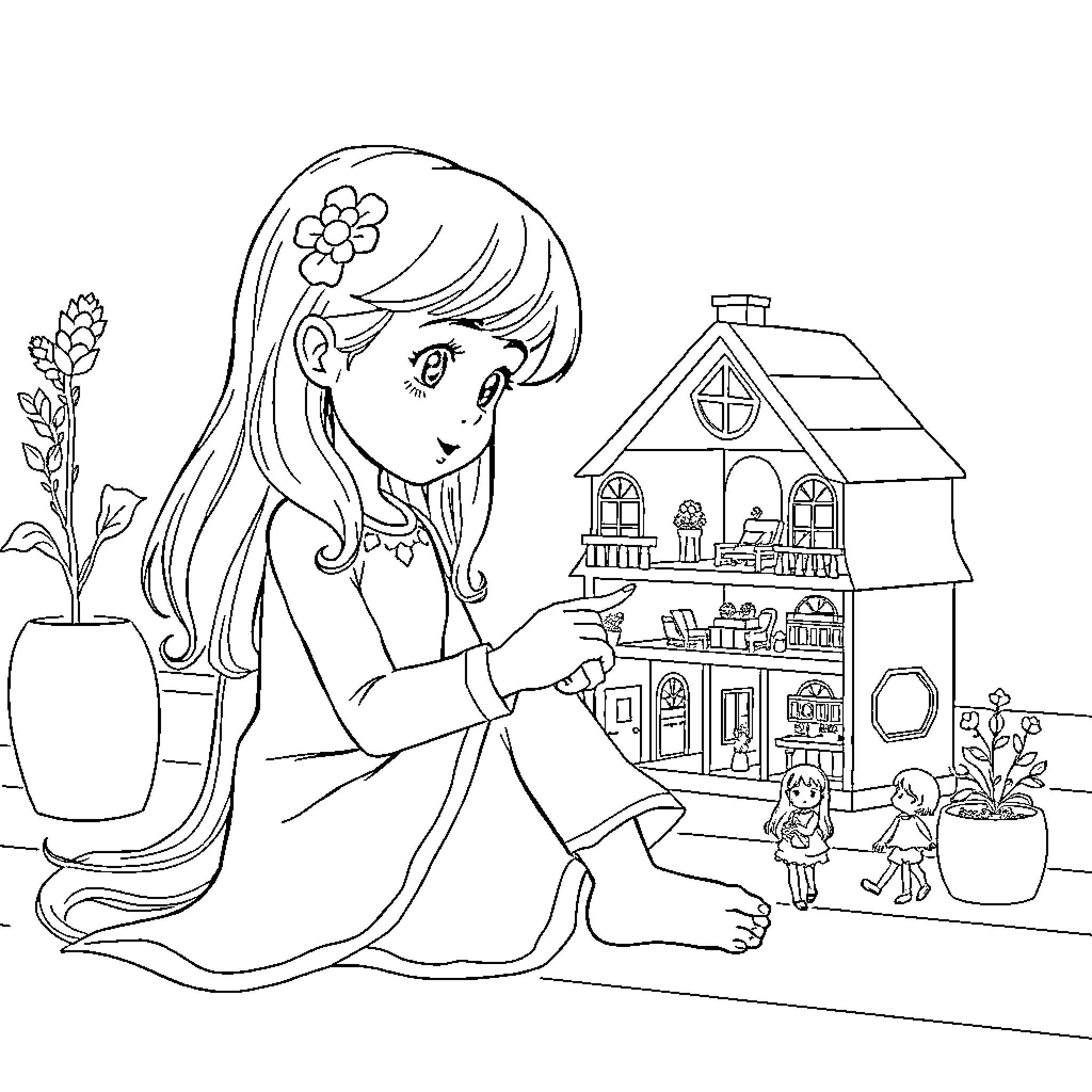 Merlina's Charming Dollhouse Adventure Coloring Page (free black-and-white line drawing printable PDF for all, from beginners to advanced learners, including children, teens, adults, and seniors)