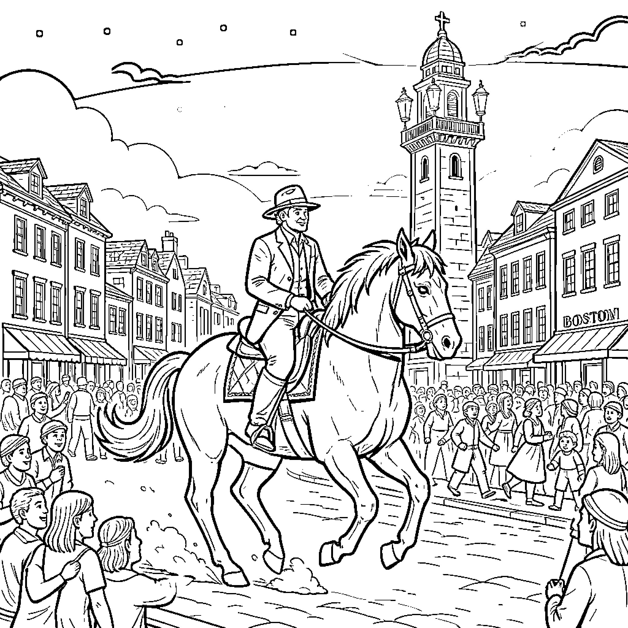 Paul Revere's Dramatic Midnight Ride through Colonial Boston Coloring Page (free black-and-white line drawing printable PDF for all, from beginners to advanced learners, including children, teens, adults, and seniors)