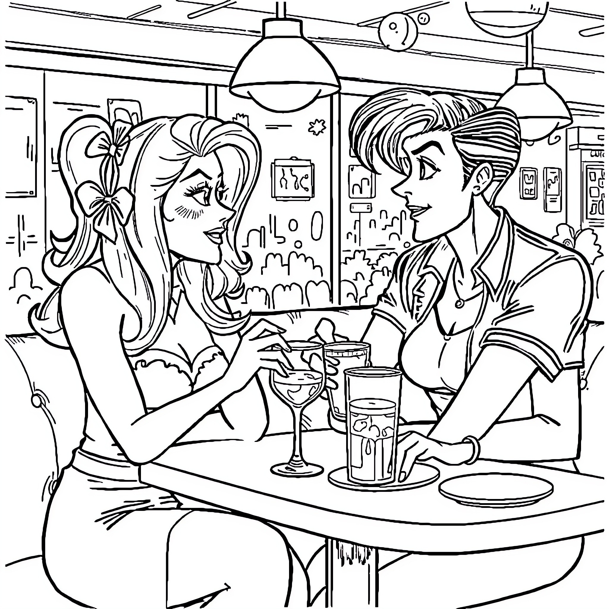 Bonnie Blue - Couple Enjoying Drinks at Diner Coloring Page (free black-and-white line drawing printable PDF for all, from beginners to advanced learners, including children, teens, adults, and seniors)