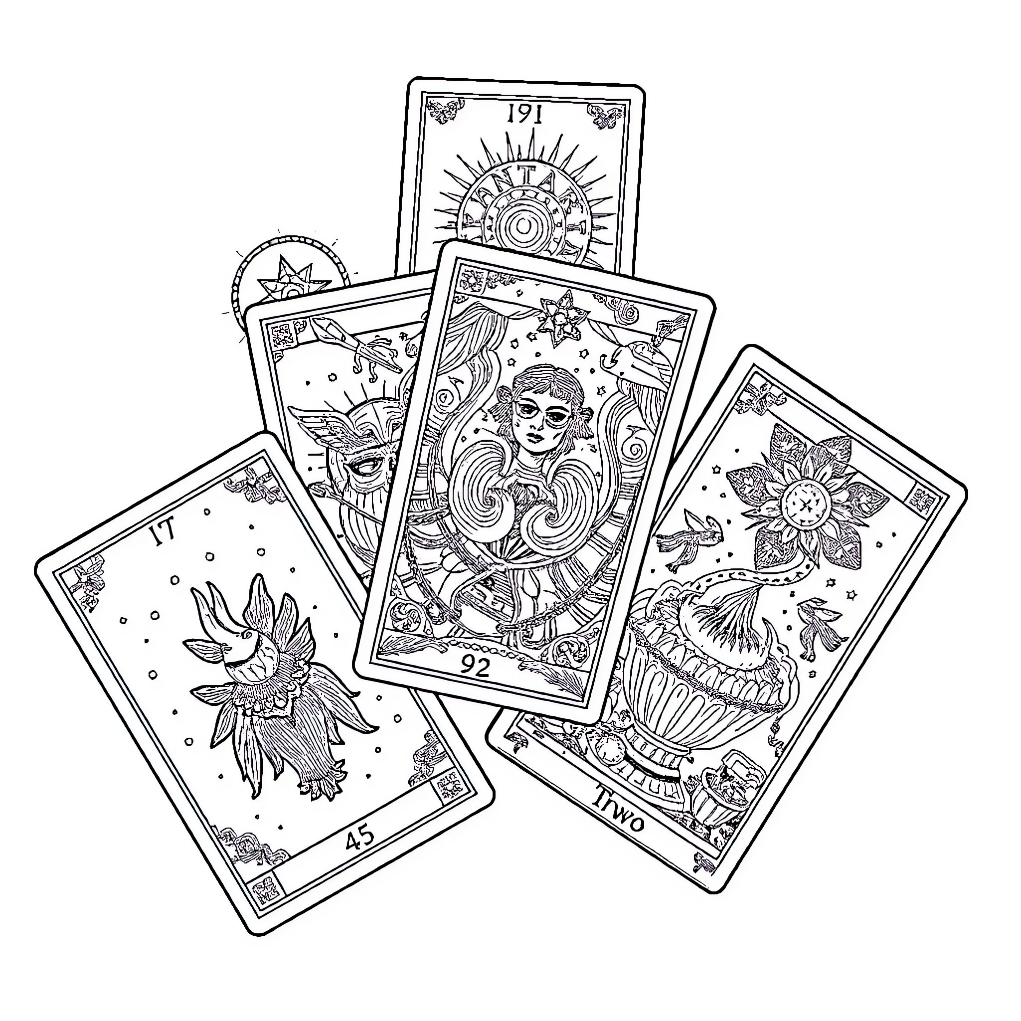 Tarot Cards Depicting Mystical Symbols and Figures Coloring Page (free black-and-white line drawing printable PDF for all, from beginners to advanced learners, including children, teens, adults, and seniors)