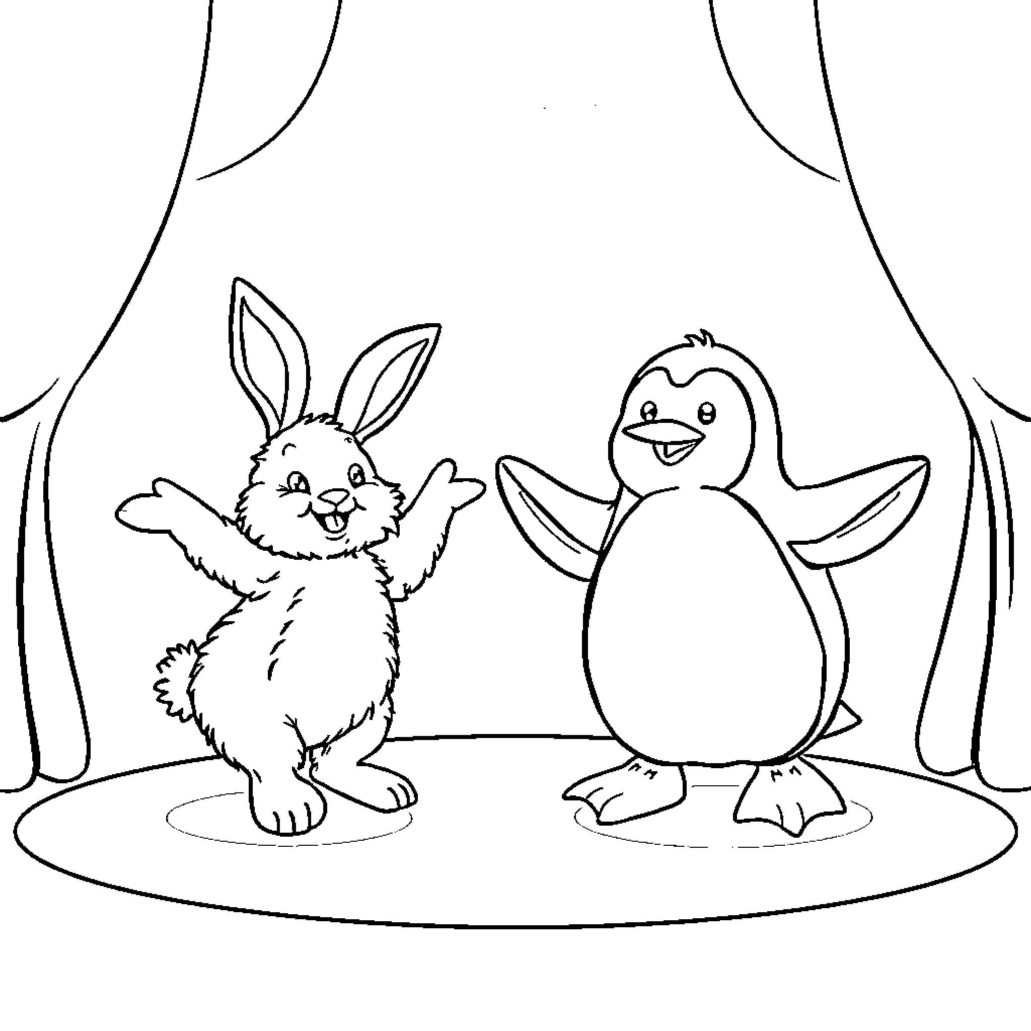 Rabbit and Chick Performing on Stage Coloring Page (free black-and-white line drawing printable PDF for all, from beginners to advanced learners, including children, teens, adults, and seniors)