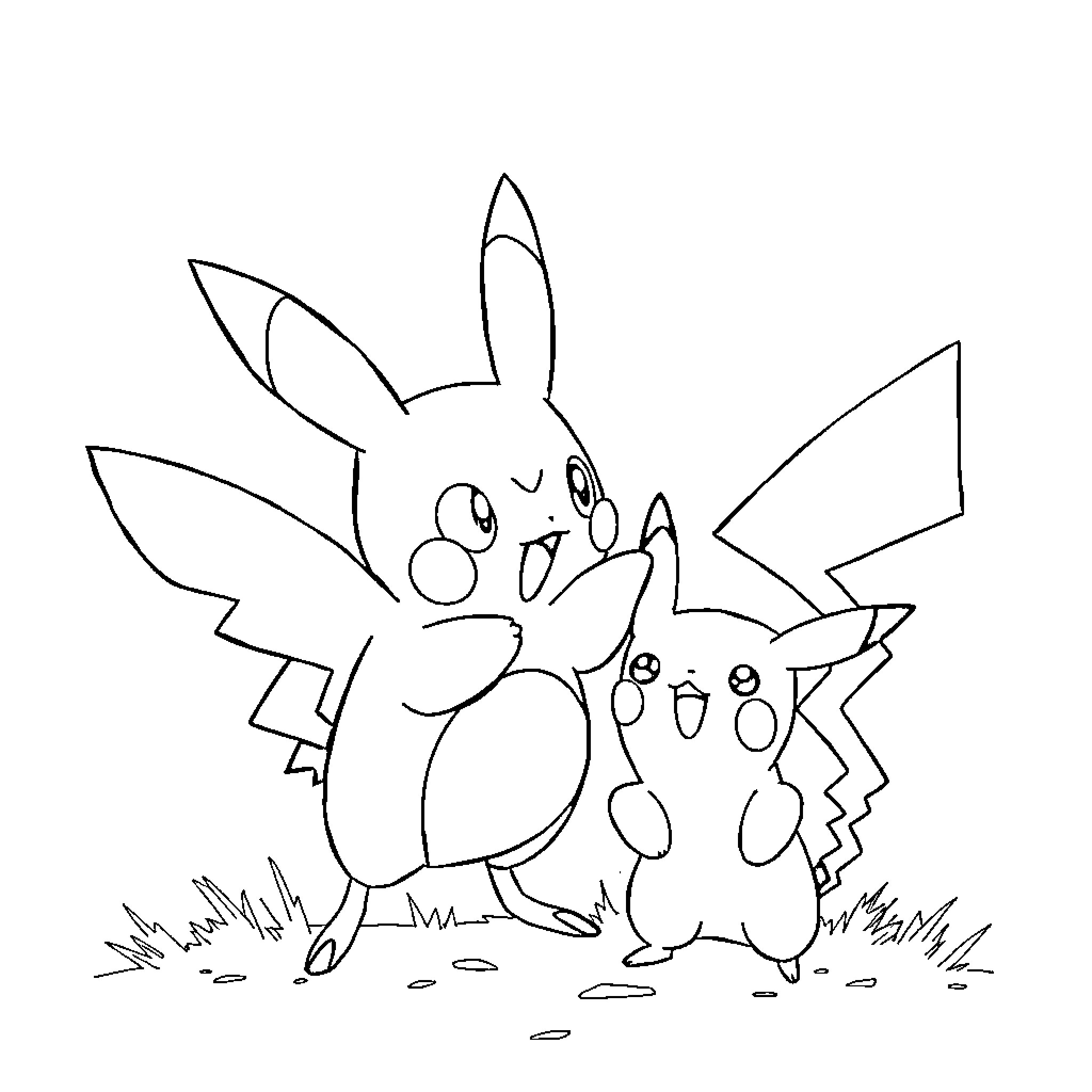 Paw Patrol characters Pikachu and Pichu playing together Coloring Page (free black-and-white line drawing printable PDF for all, from beginners to advanced learners, including children, teens, adults, and seniors)