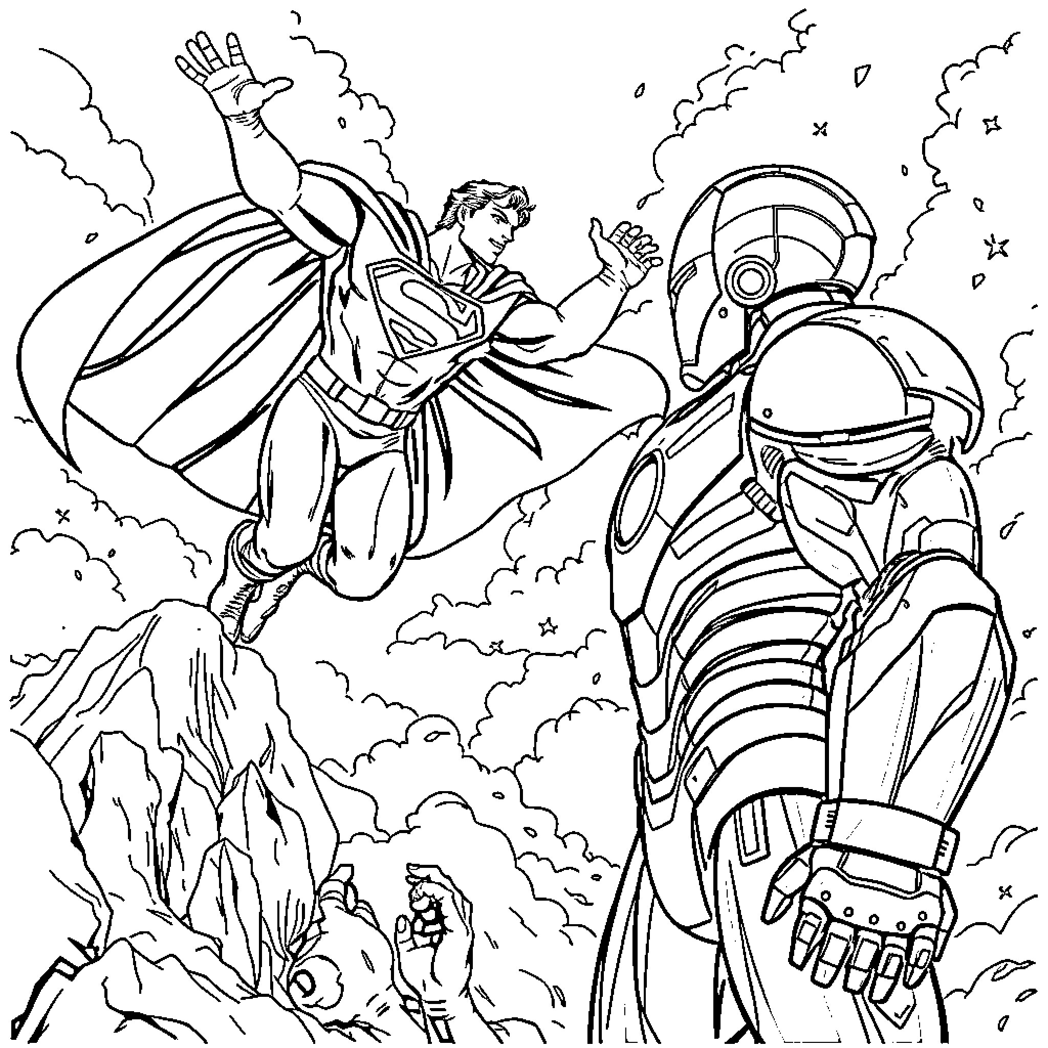 Superman fighting a robot-like foe in a dramatic scene Coloring Page (free black-and-white line drawing printable PDF for all, from beginners to advanced learners, including children, teens, adults, and seniors)