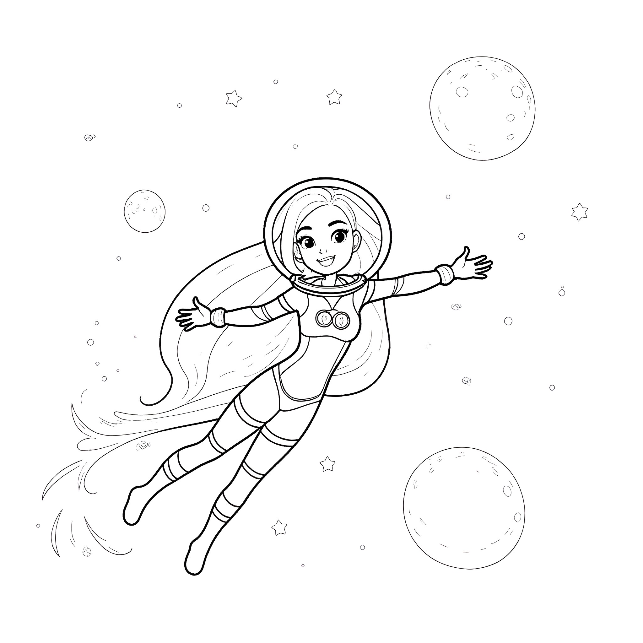 Rapunzel's Cosmic Adventure Coloring Page (free black-and-white line drawing printable PDF for all, from beginners to advanced learners, including children, teens, adults, and seniors)