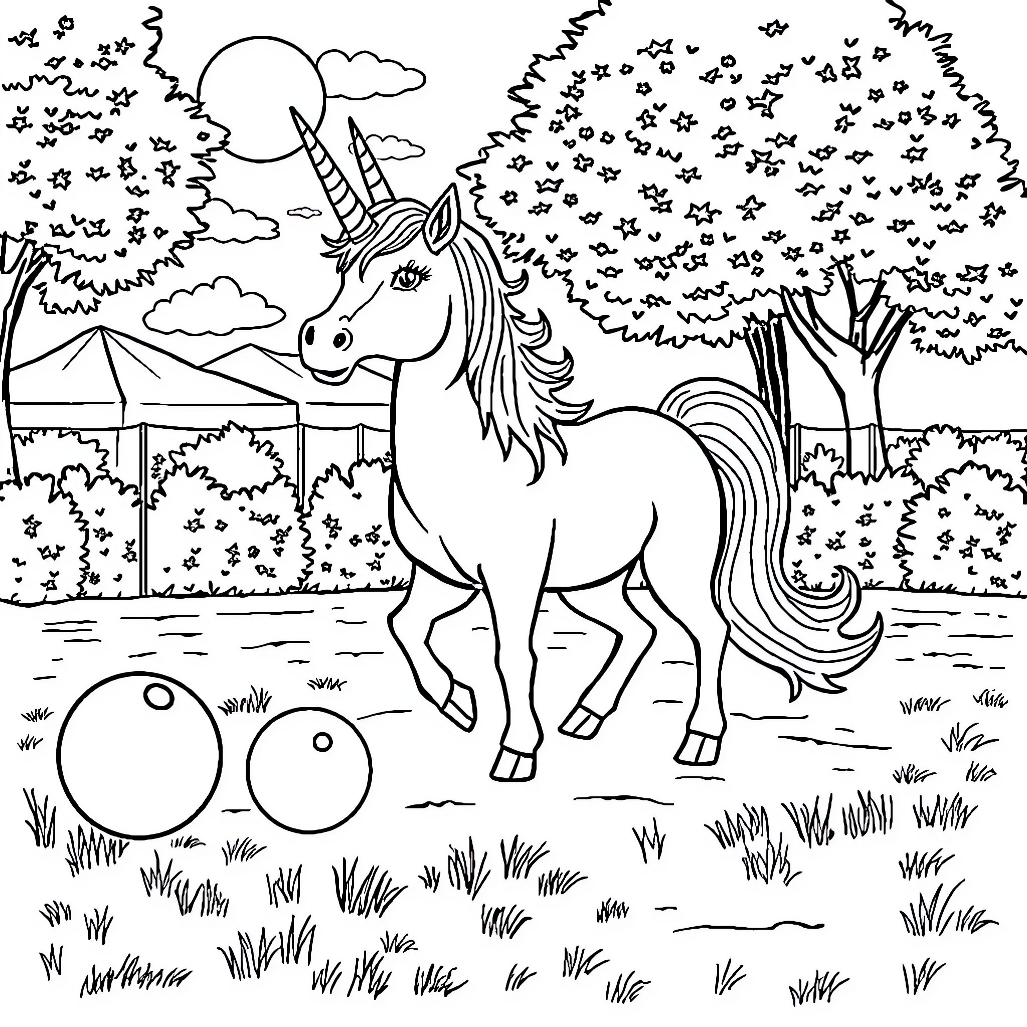 Unicorn enjoying a magical night in the forest Coloring Page (free black-and-white line drawing printable PDF for all, from beginners to advanced learners, including children, teens, adults, and seniors)
