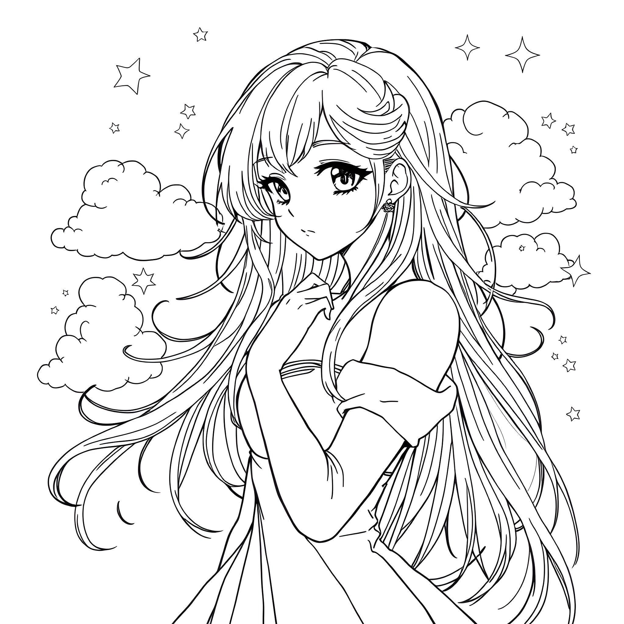 Anime Girl with Flowing Hair and Starry Sky Coloring Page (free black-and-white line drawing printable PDF for all, from beginners to advanced learners, including children, teens, adults, and seniors)
