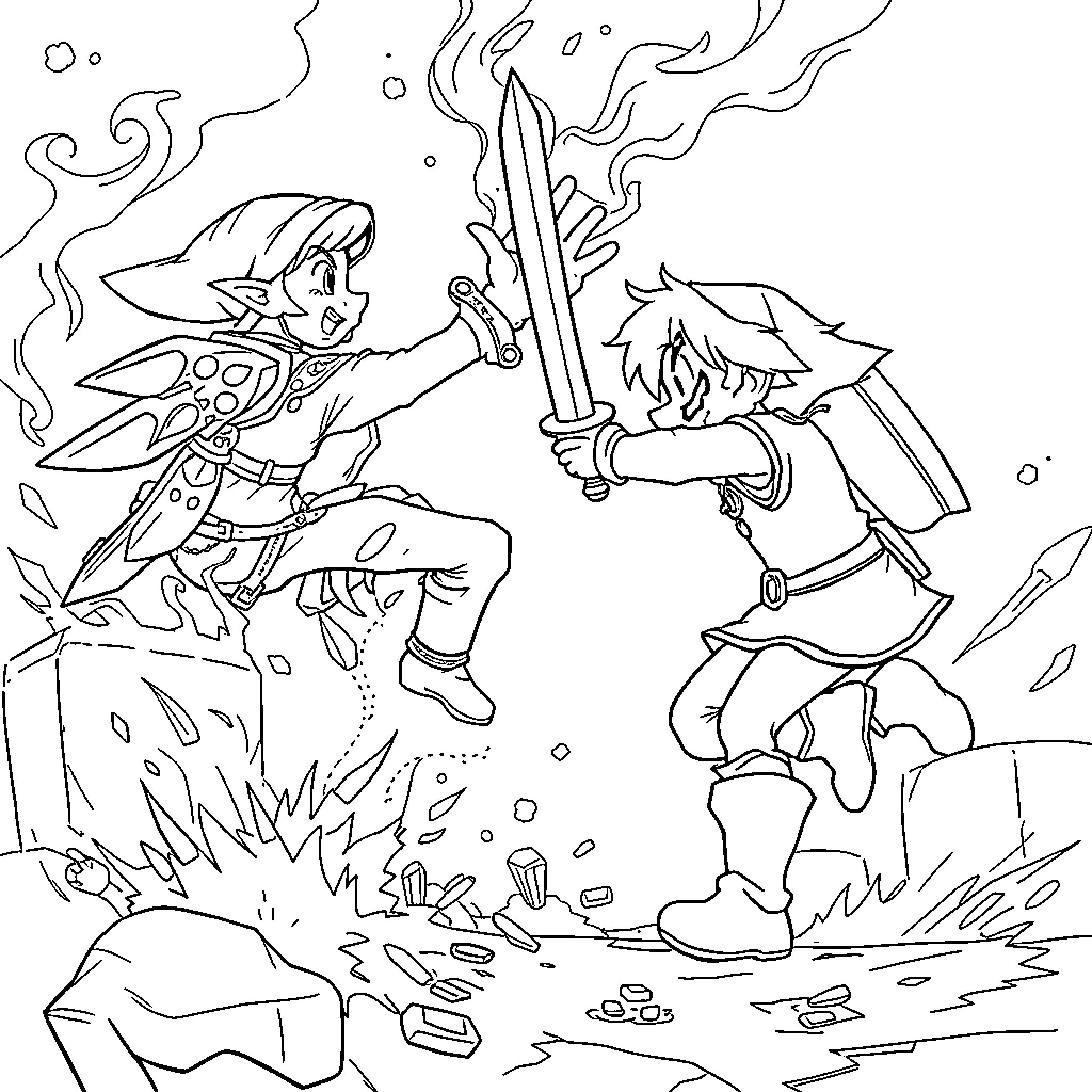 Link Battling Fearsome Foes in Epic Adventure Coloring Page (free black-and-white line drawing printable PDF for all, from beginners to advanced learners, including children, teens, adults, and seniors)