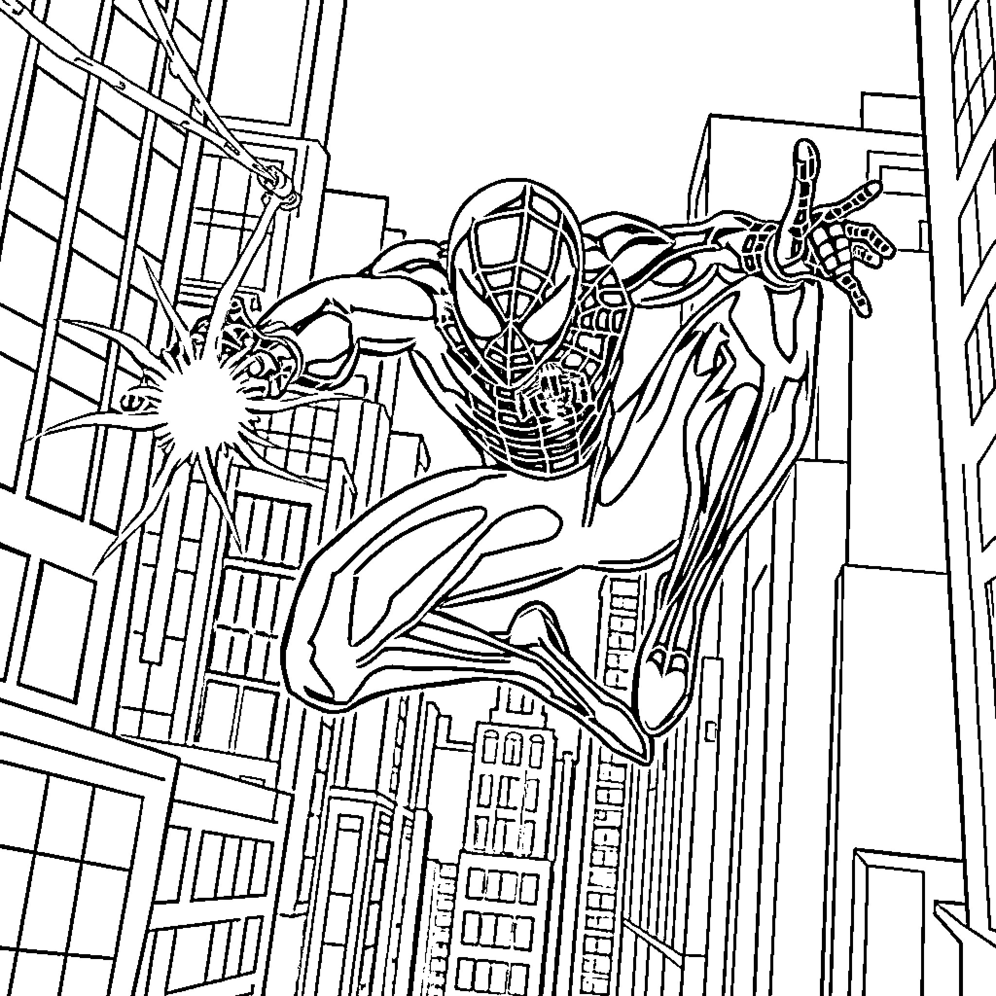 Spiderman swinging through the city skyline Coloring Page (free black-and-white line drawing printable PDF for all, from beginners to advanced learners, including children, teens, adults, and seniors)