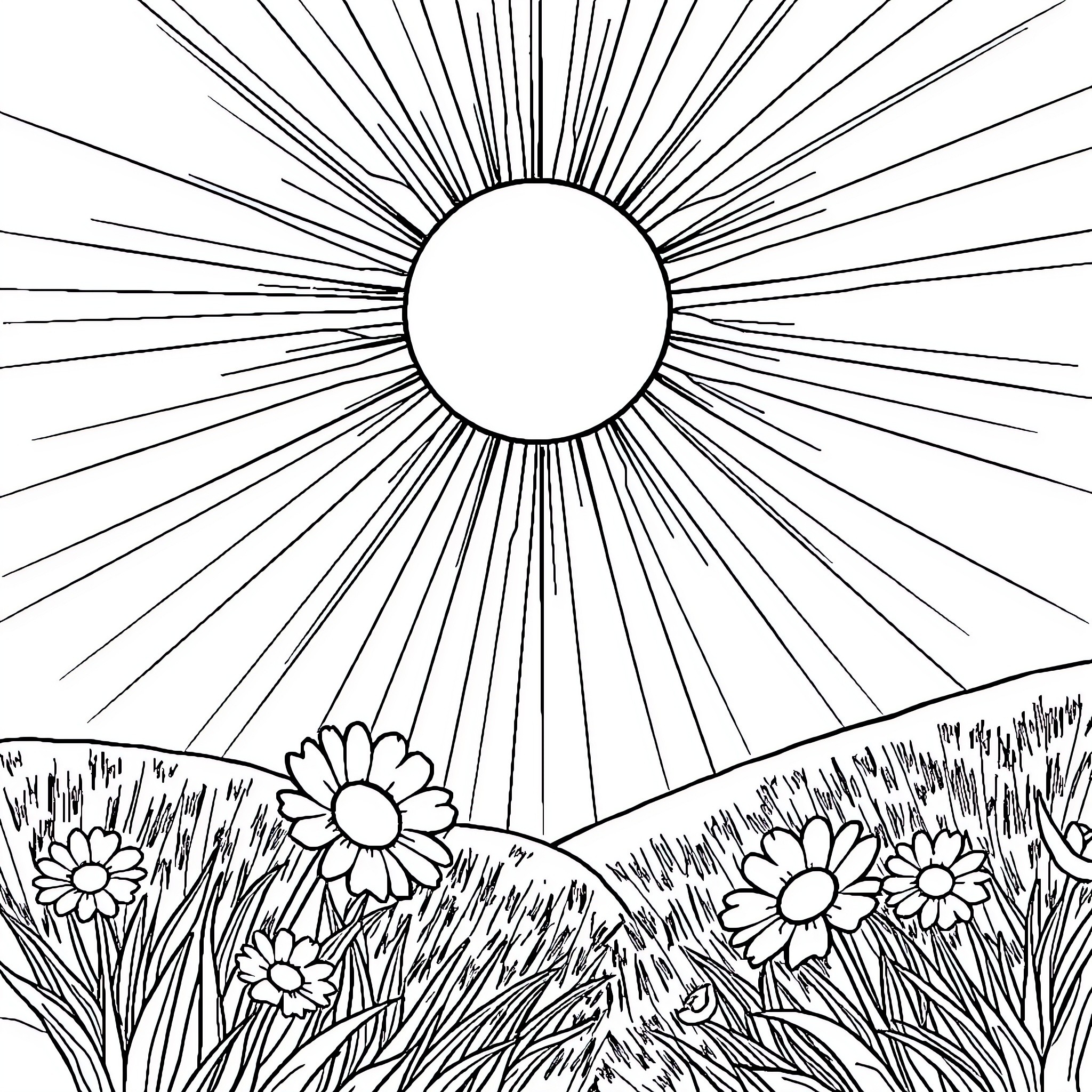 Sunshine over Blooming Meadow Coloring Page (free black-and-white line drawing printable PDF for all, from beginners to advanced learners, including children, teens, adults, and seniors)