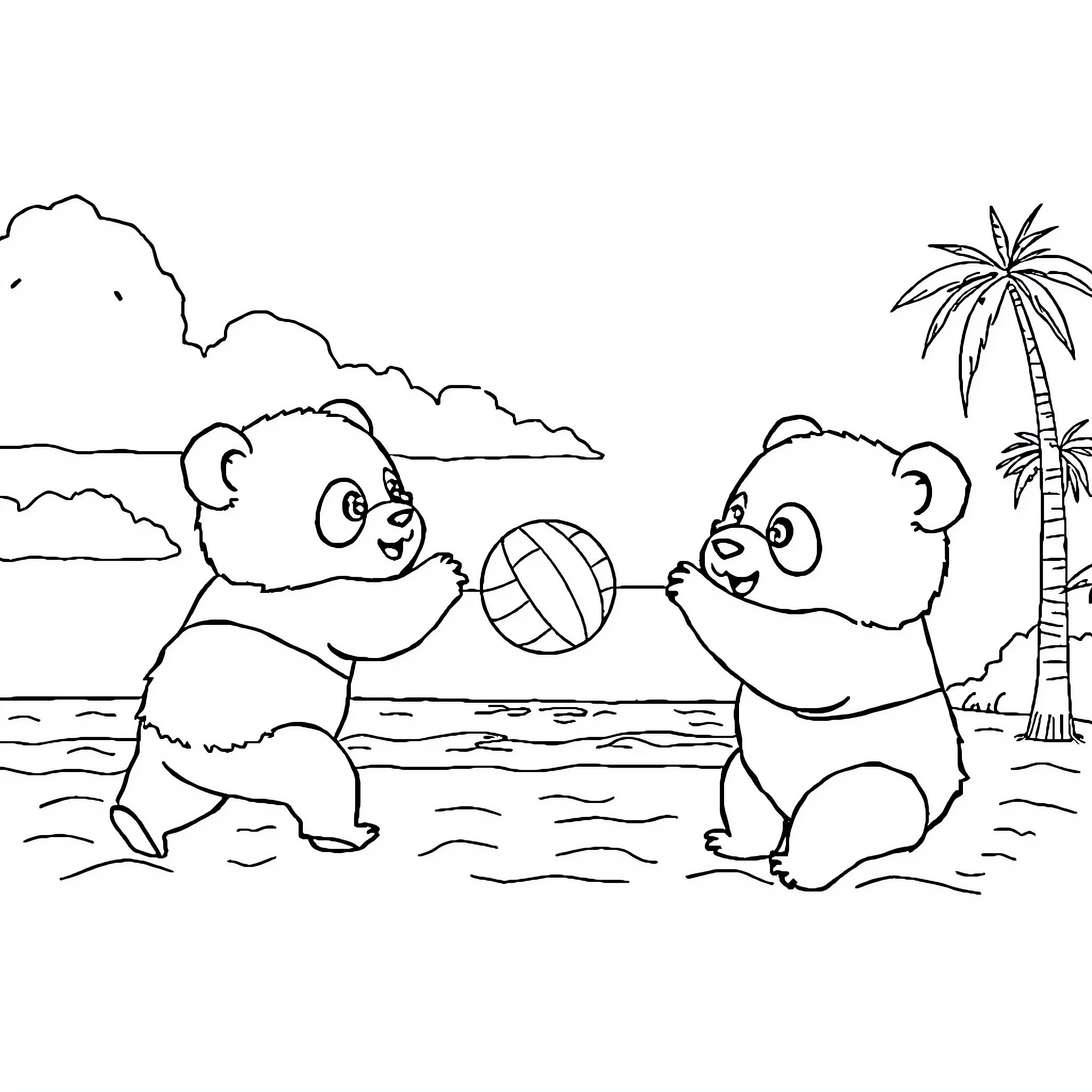 Panda bears playing with ball on the beach Coloring Page (free black-and-white line drawing printable PDF for all, from beginners to advanced learners, including children, teens, adults, and seniors)