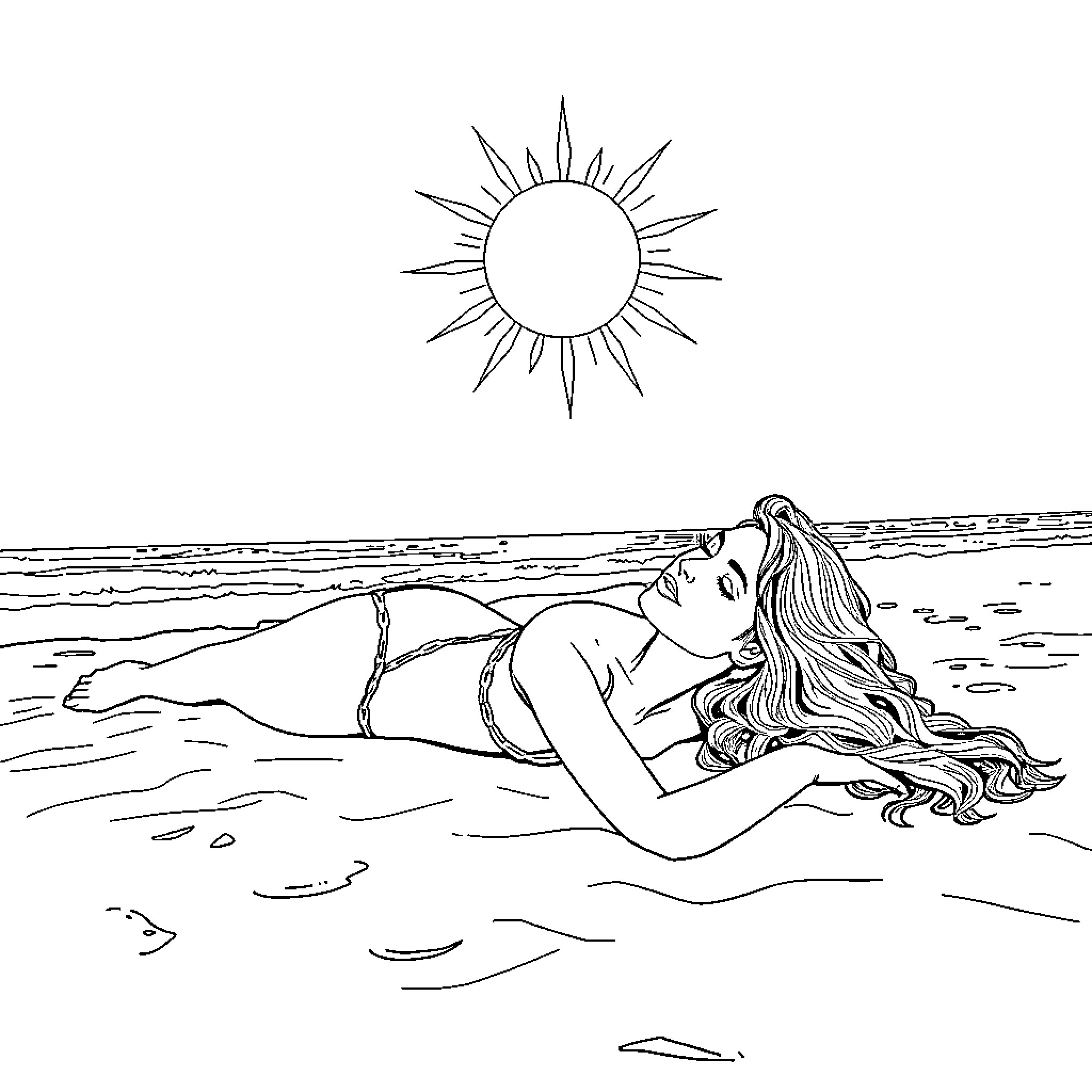 Chick relaxing on the beach under the sun Coloring Page (free black-and-white line drawing printable PDF for all, from beginners to advanced learners, including children, teens, adults, and seniors)