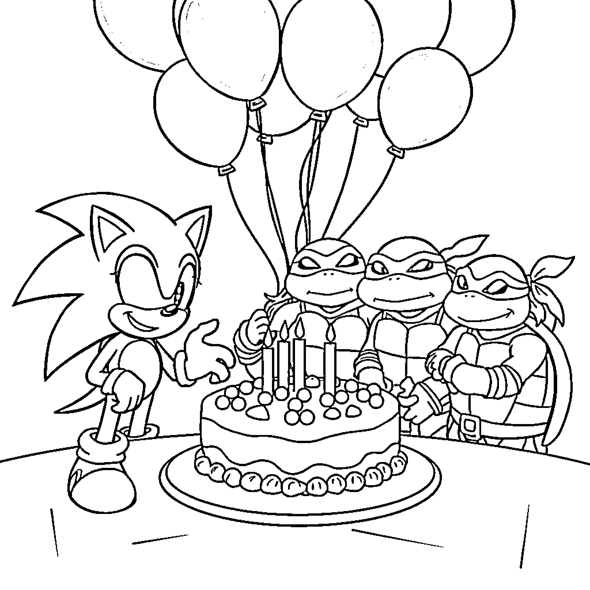 Sonic and Friends Celebrate Birthday with Cake and Balloons Coloring Page (free black-and-white line drawing printable PDF for all, from beginners to advanced learners, including children, teens, adults, and seniors)