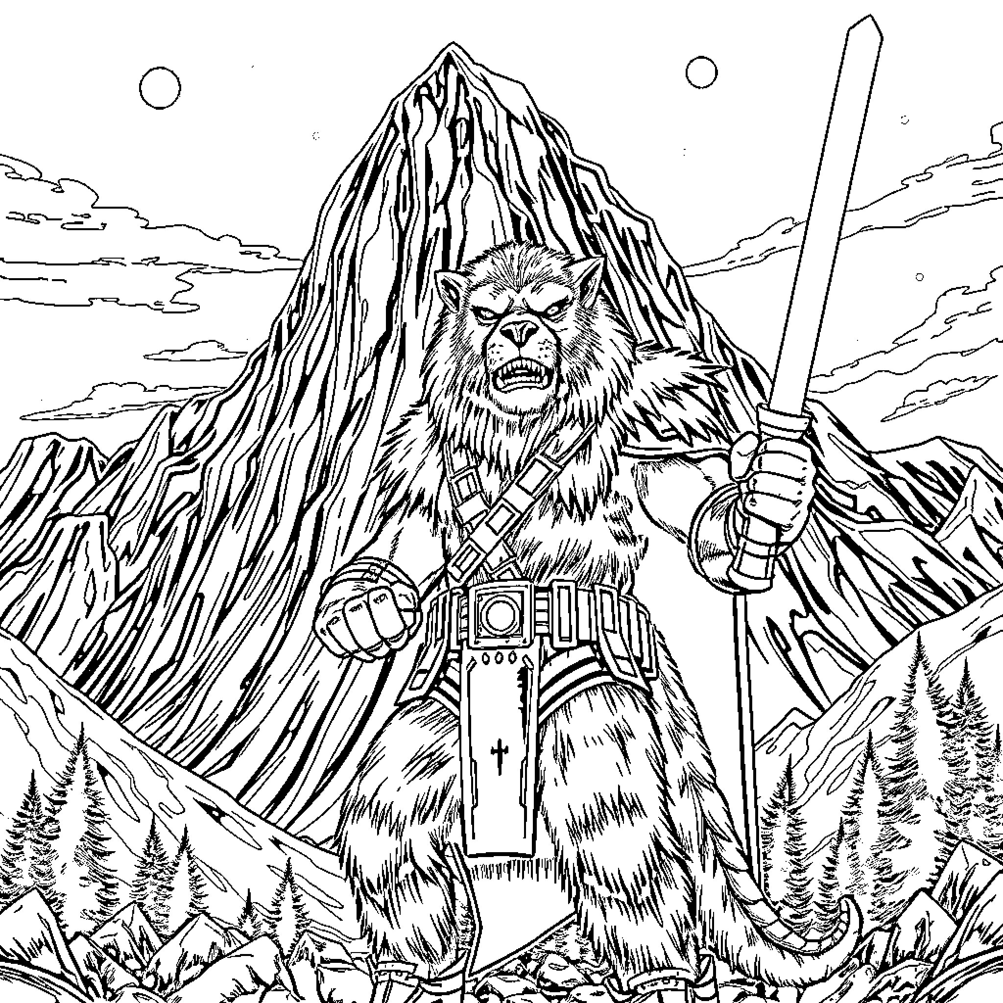Captain Sabertooth's Fierce Mountain Adventure Coloring Page (free black-and-white line drawing printable PDF for all, from beginners to advanced learners, including children, teens, adults, and seniors)