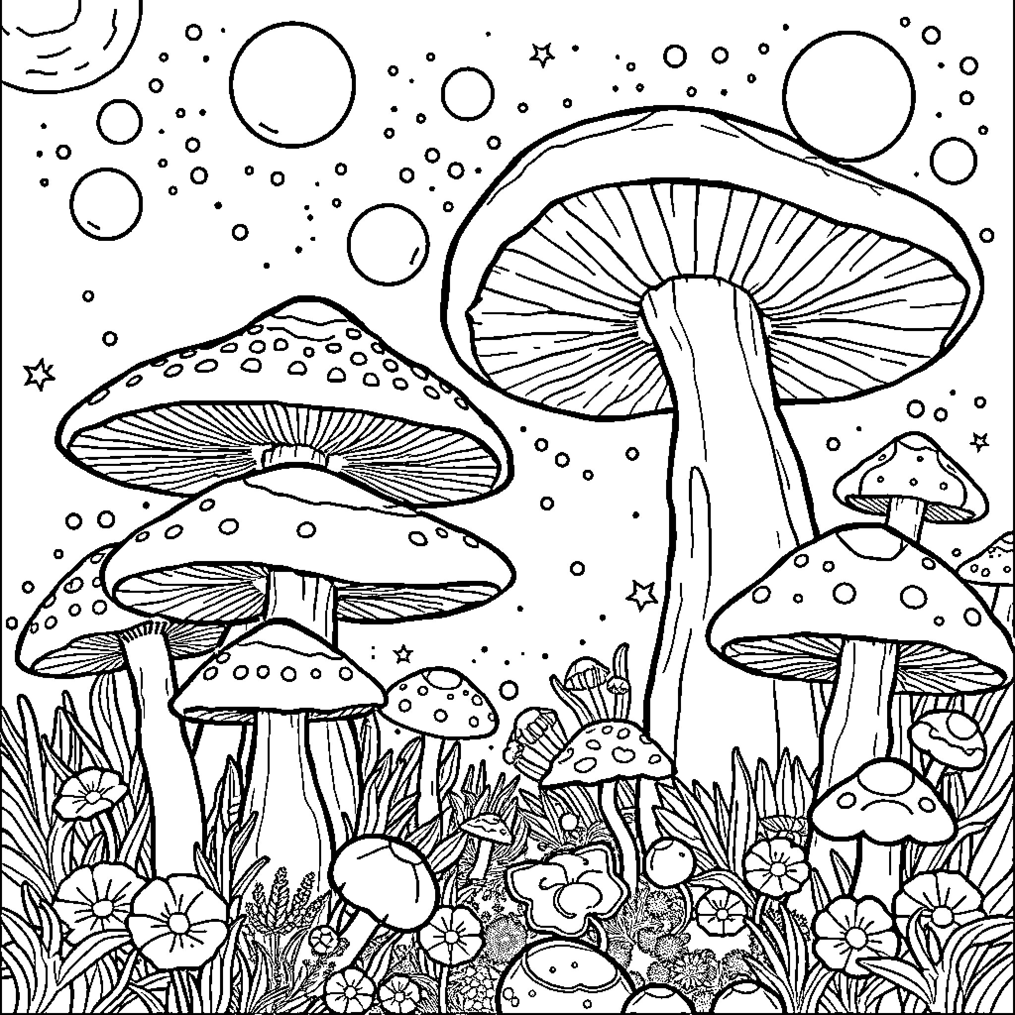 Mushroom Forest with Whimsical Scenery Coloring Page (free black-and-white line drawing printable PDF for all, from beginners to advanced learners, including children, teens, adults, and seniors)