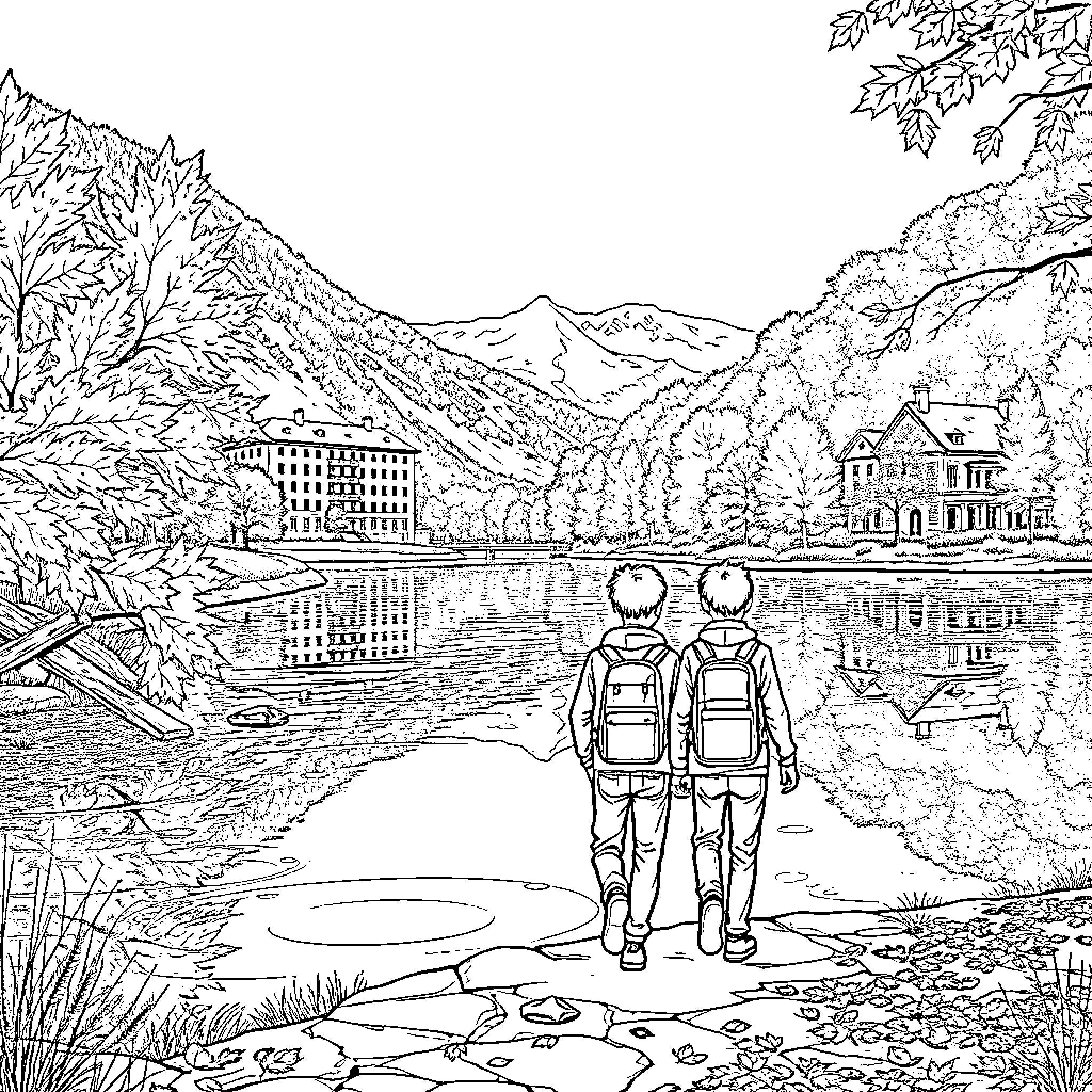 Boy Exploring the Scenic Mountain Landscape Coloring Page (free black-and-white line drawing printable PDF for all, from beginners to advanced learners, including children, teens, adults, and seniors)