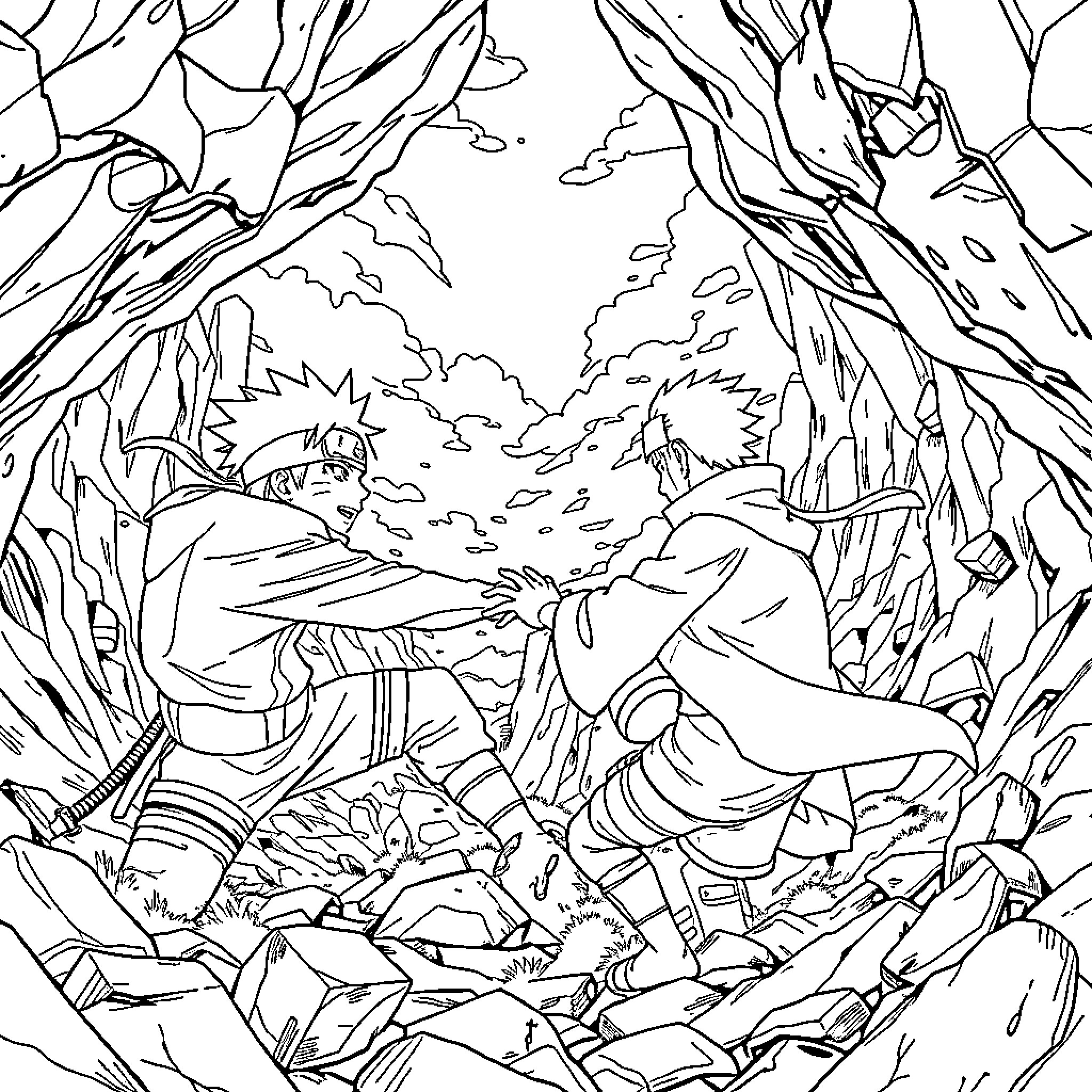 Naruto characters engaging in an intense battle scene Coloring Page (free black-and-white line drawing printable PDF for all, from beginners to advanced learners, including children, teens, adults, and seniors)