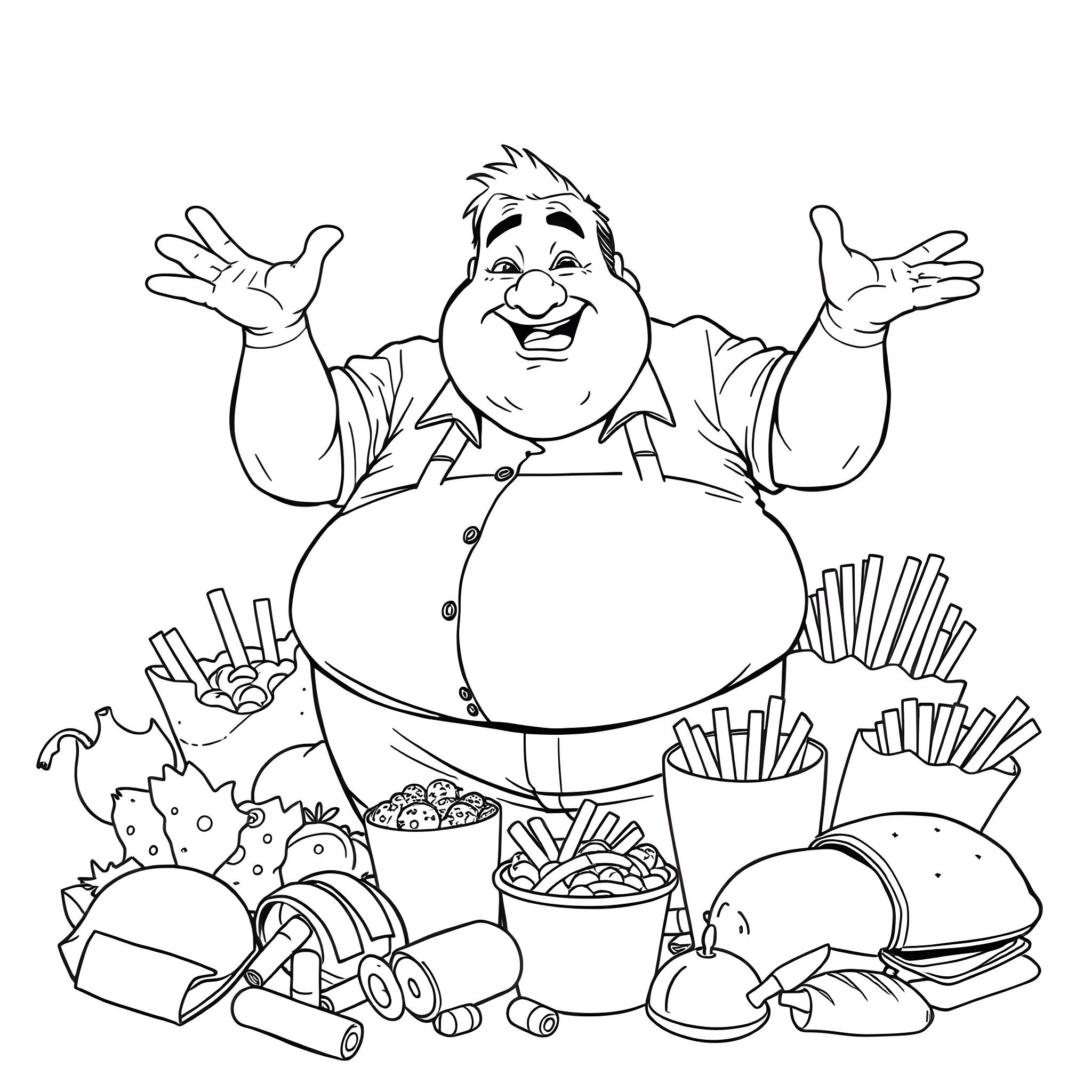Man surrounded by various fast food items Coloring Page (free black-and-white line drawing printable PDF for all, from beginners to advanced learners, including children, teens, adults, and seniors)