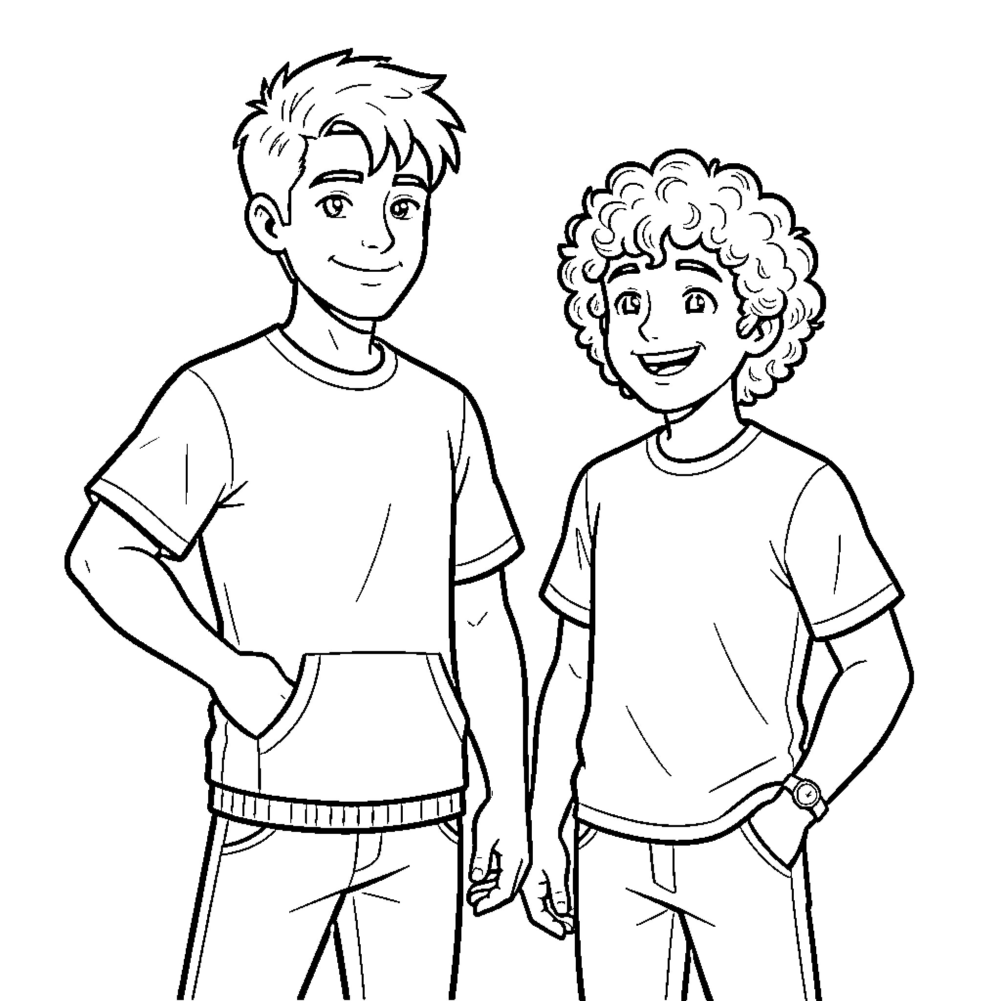 Teenager friends smiling while walking together Coloring Page (free black-and-white line drawing printable PDF for all, from beginners to advanced learners, including children, teens, adults, and seniors)