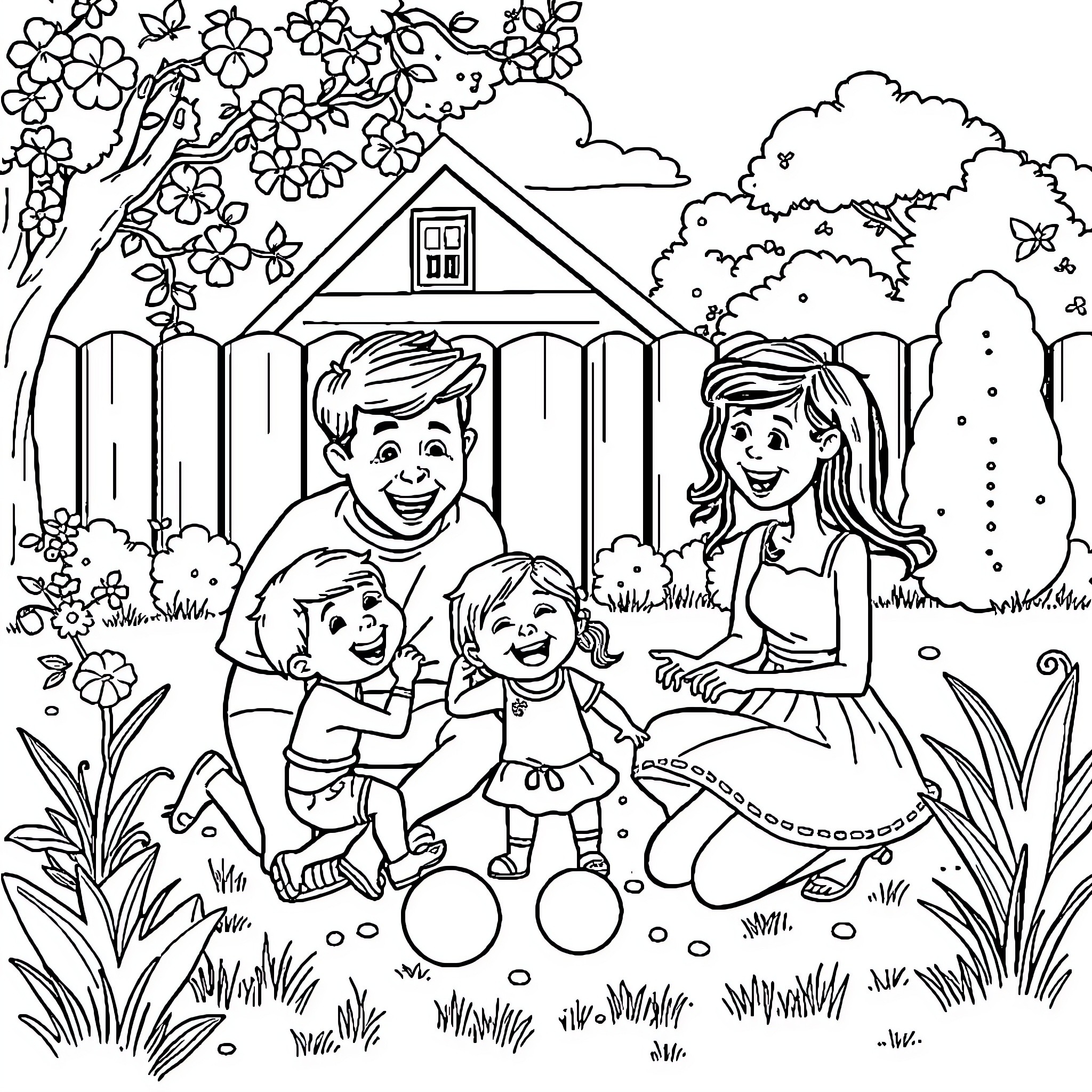 Family Enjoying a Springtime Outdoor Adventure Coloring Page (free black-and-white line drawing printable PDF for all, from beginners to advanced learners, including children, teens, adults, and seniors)