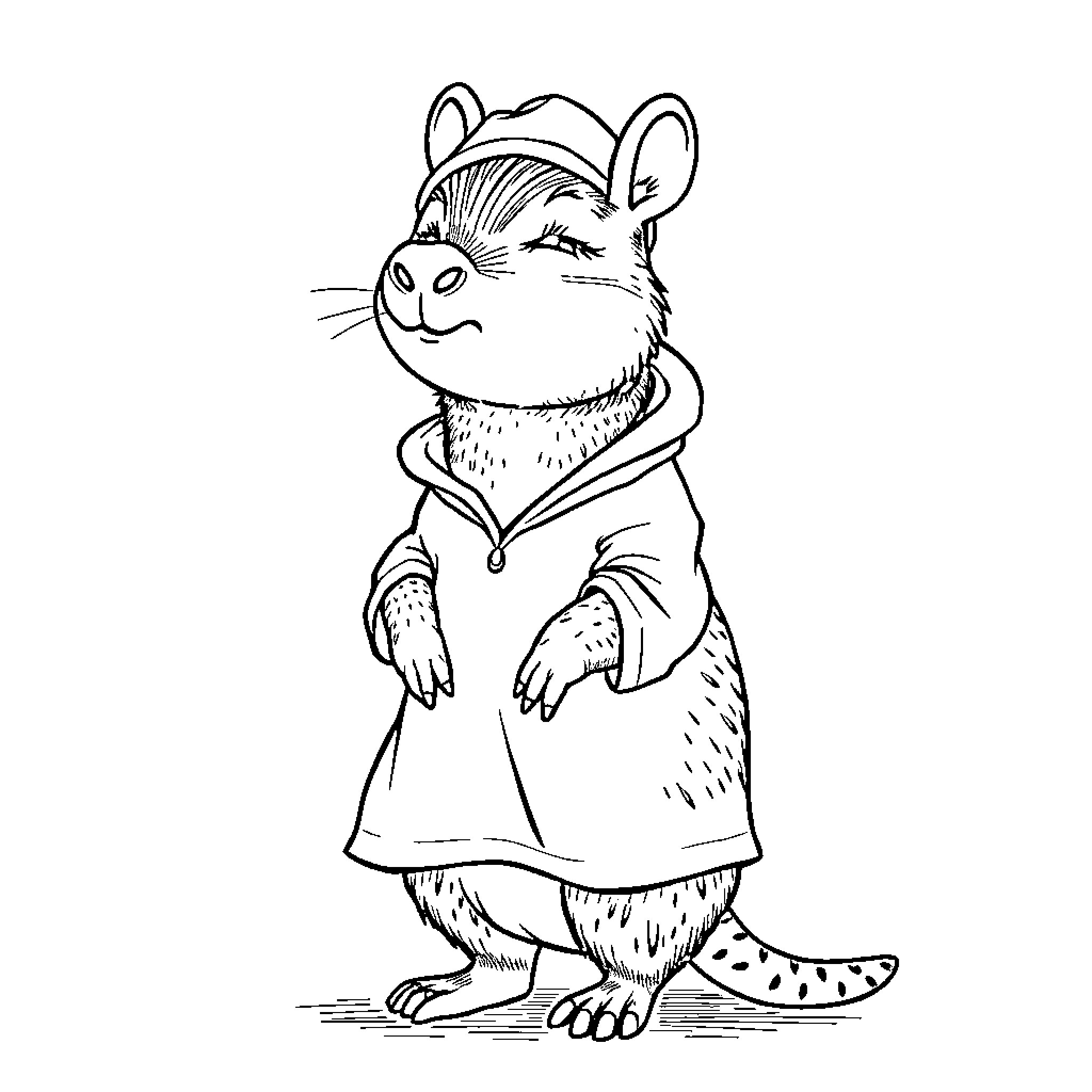 Capybara wearing a coat and hat Coloring Page (free black-and-white line drawing printable PDF for all, from beginners to advanced learners, including children, teens, adults, and seniors)