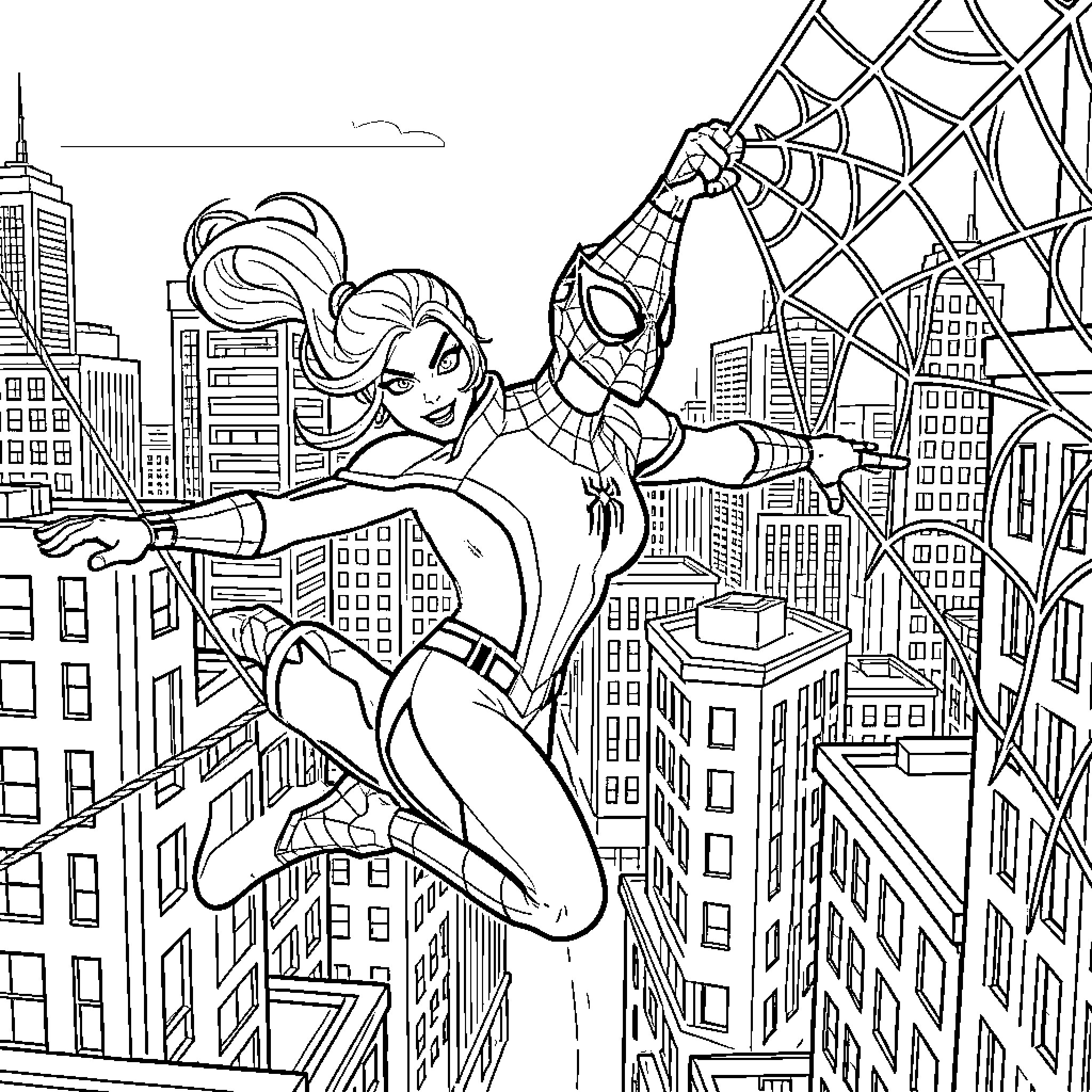 Spider Gwen heroically swinging through the city Coloring Page (free black-and-white line drawing printable PDF for all, from beginners to advanced learners, including children, teens, adults, and seniors)