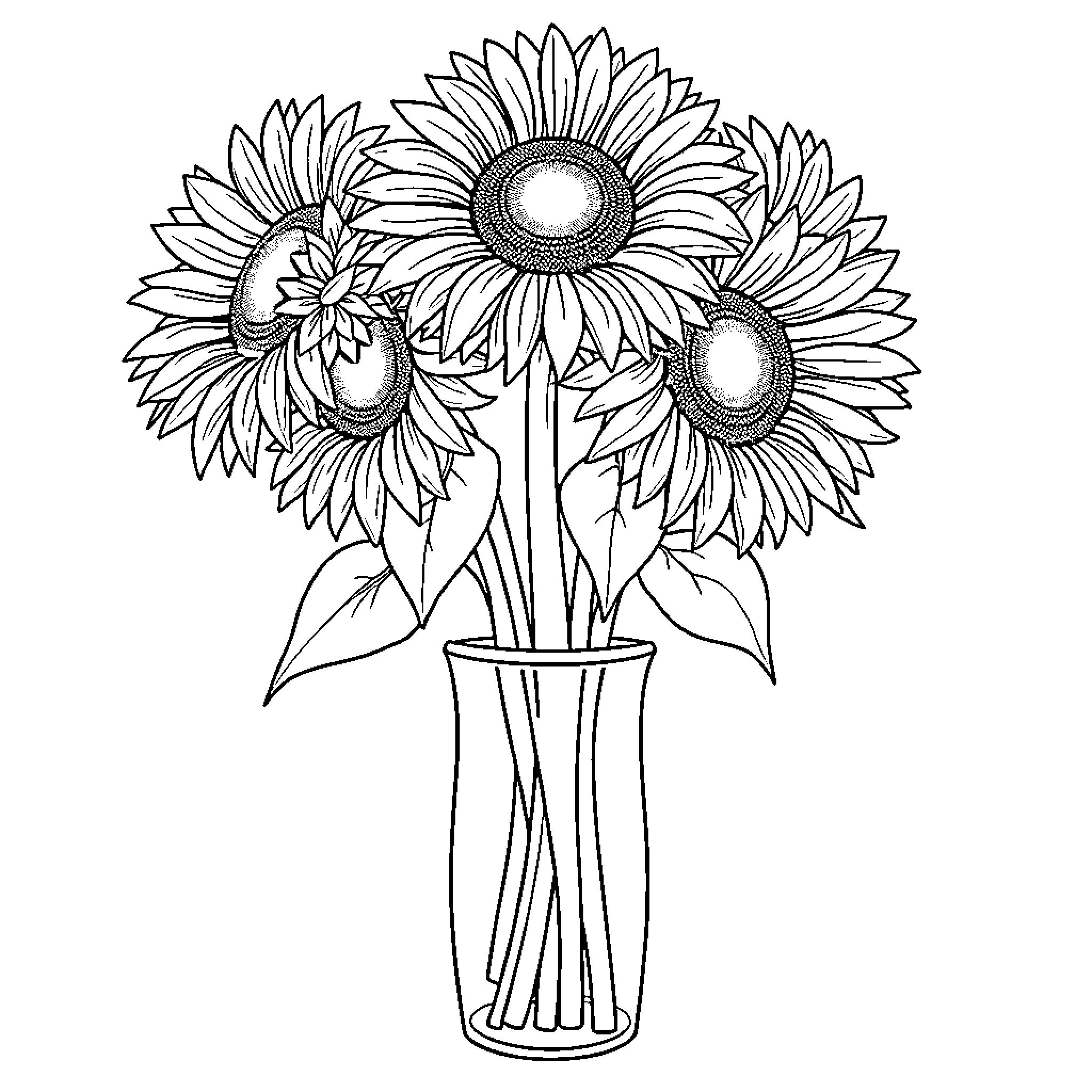 Sunflower bouquet in vase Coloring Page (free black-and-white line drawing printable PDF for all, from beginners to advanced learners, including children, teens, adults, and seniors)