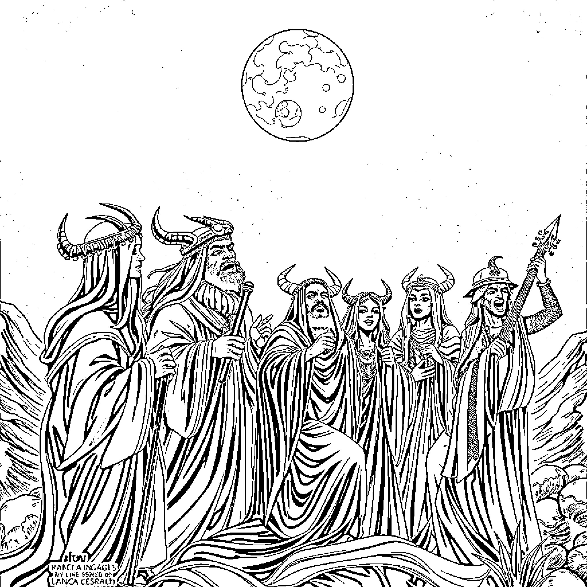 Rumi - Mystical Gathering under the Starry Night Coloring Page (free black-and-white line drawing printable PDF for all, from beginners to advanced learners, including children, teens, adults, and seniors)