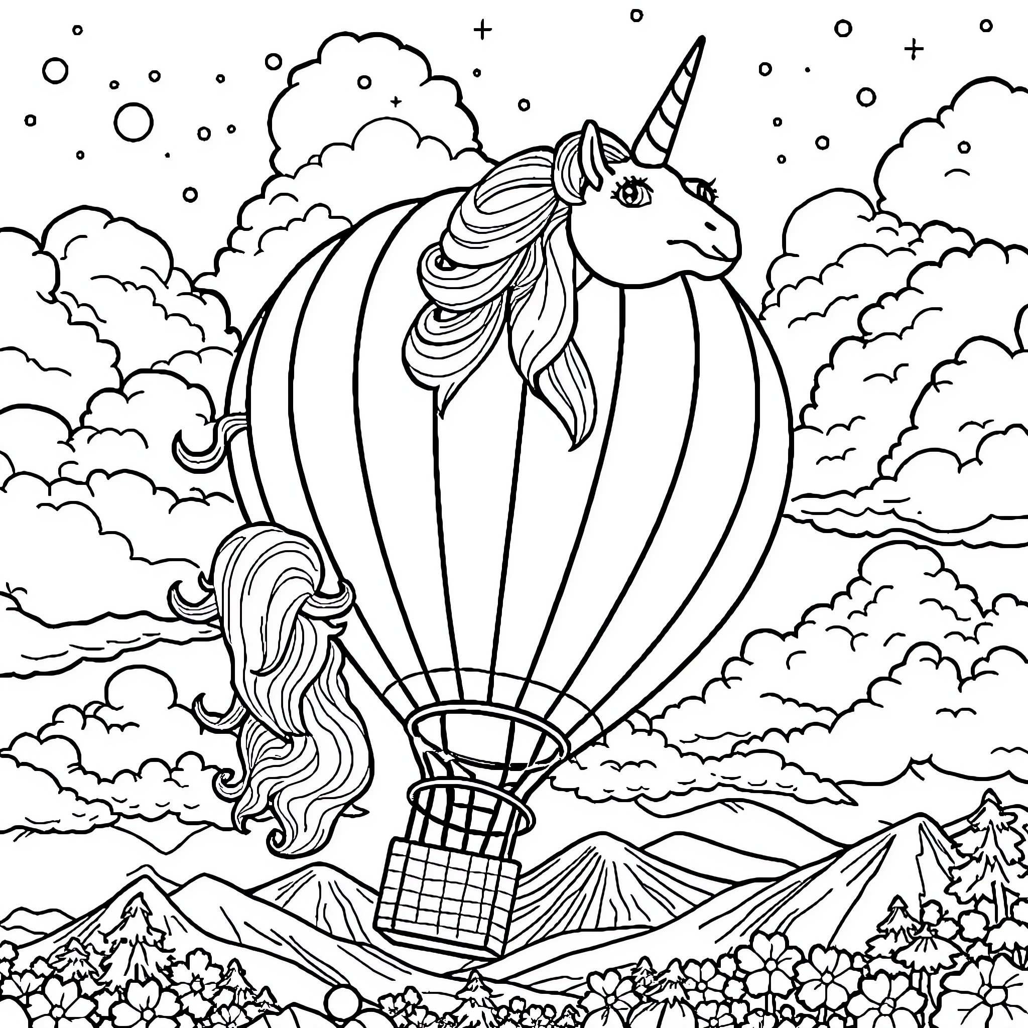 Unicorn soaring through a magical sky Coloring Page (free black-and-white line drawing printable PDF for all, from beginners to advanced learners, including children, teens, adults, and seniors)