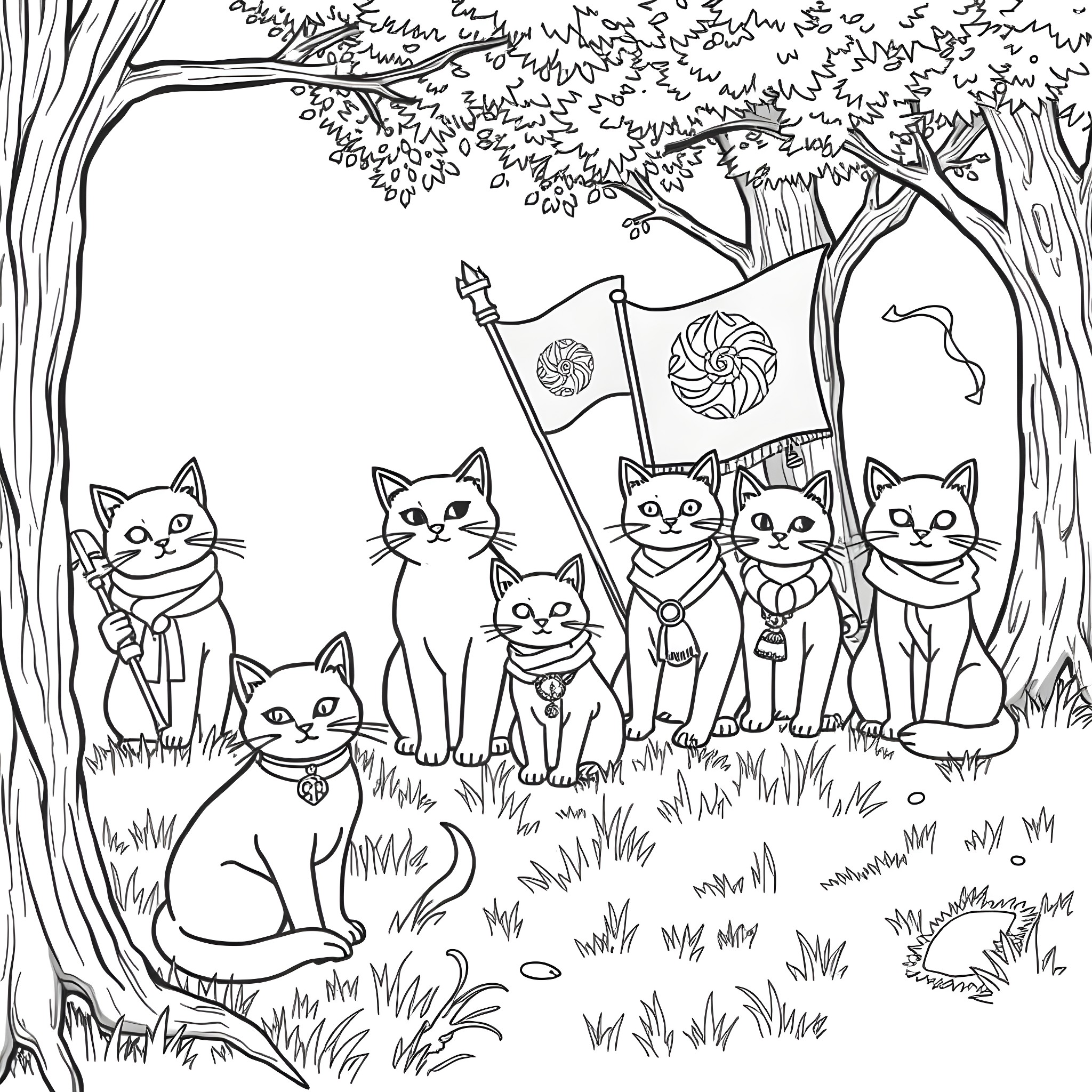 Cat parade through the enchanted forest Coloring Page (free black-and-white line drawing printable PDF for all, from beginners to advanced learners, including children, teens, adults, and seniors)