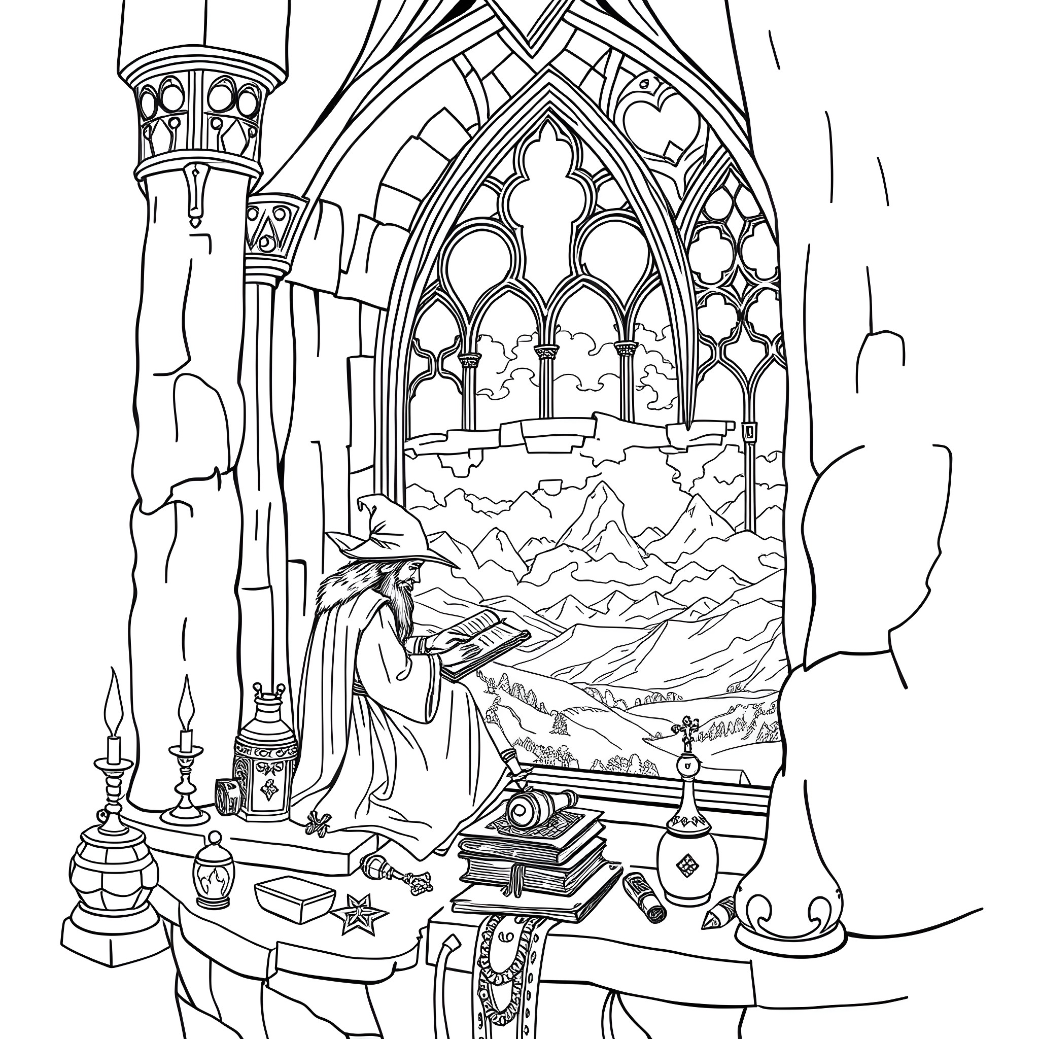 Wizard studying ancient tomes in a mystical cathedral Coloring Page (free black-and-white line drawing printable PDF for all, from beginners to advanced learners, including children, teens, adults, and seniors)