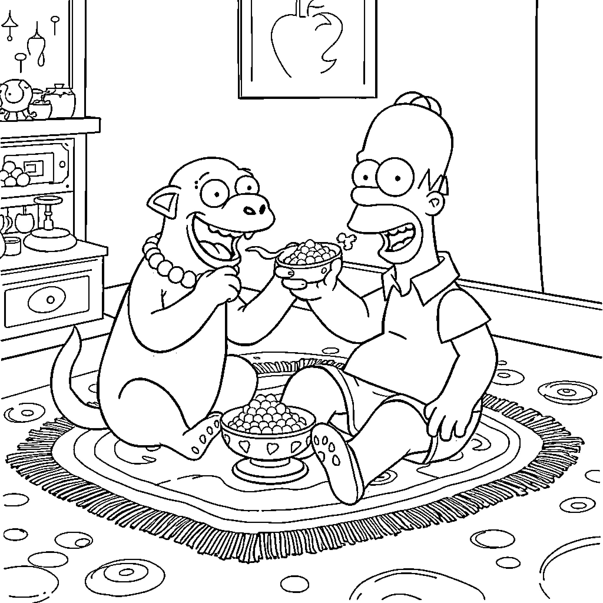 Homer and Bart Enjoying a Snack on the Rug Coloring Page (free black-and-white line drawing printable PDF for all, from beginners to advanced learners, including children, teens, adults, and seniors)