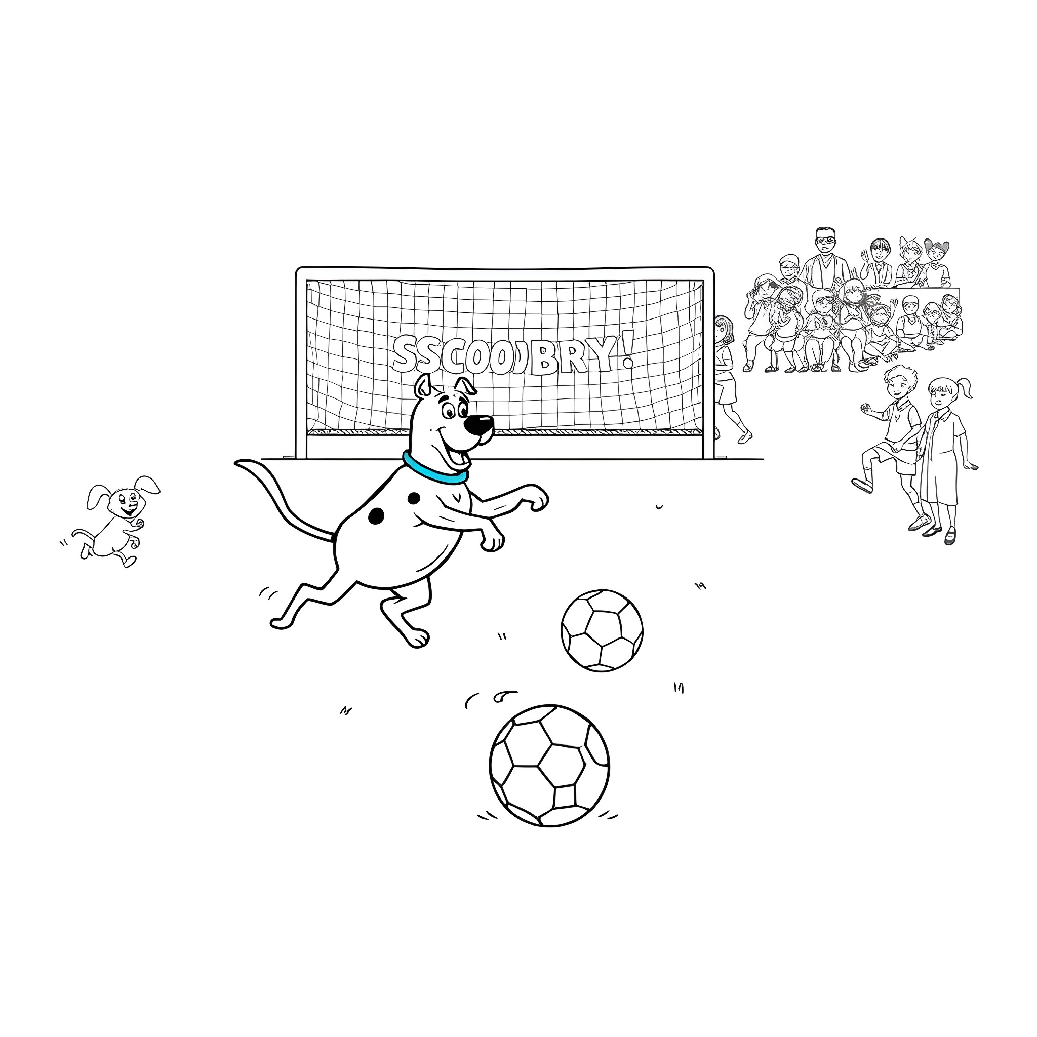 ScoobyDo playing soccer with friends in the game Coloring Page (free black-and-white line drawing printable PDF for all, from beginners to advanced learners, including children, teens, adults, and seniors)