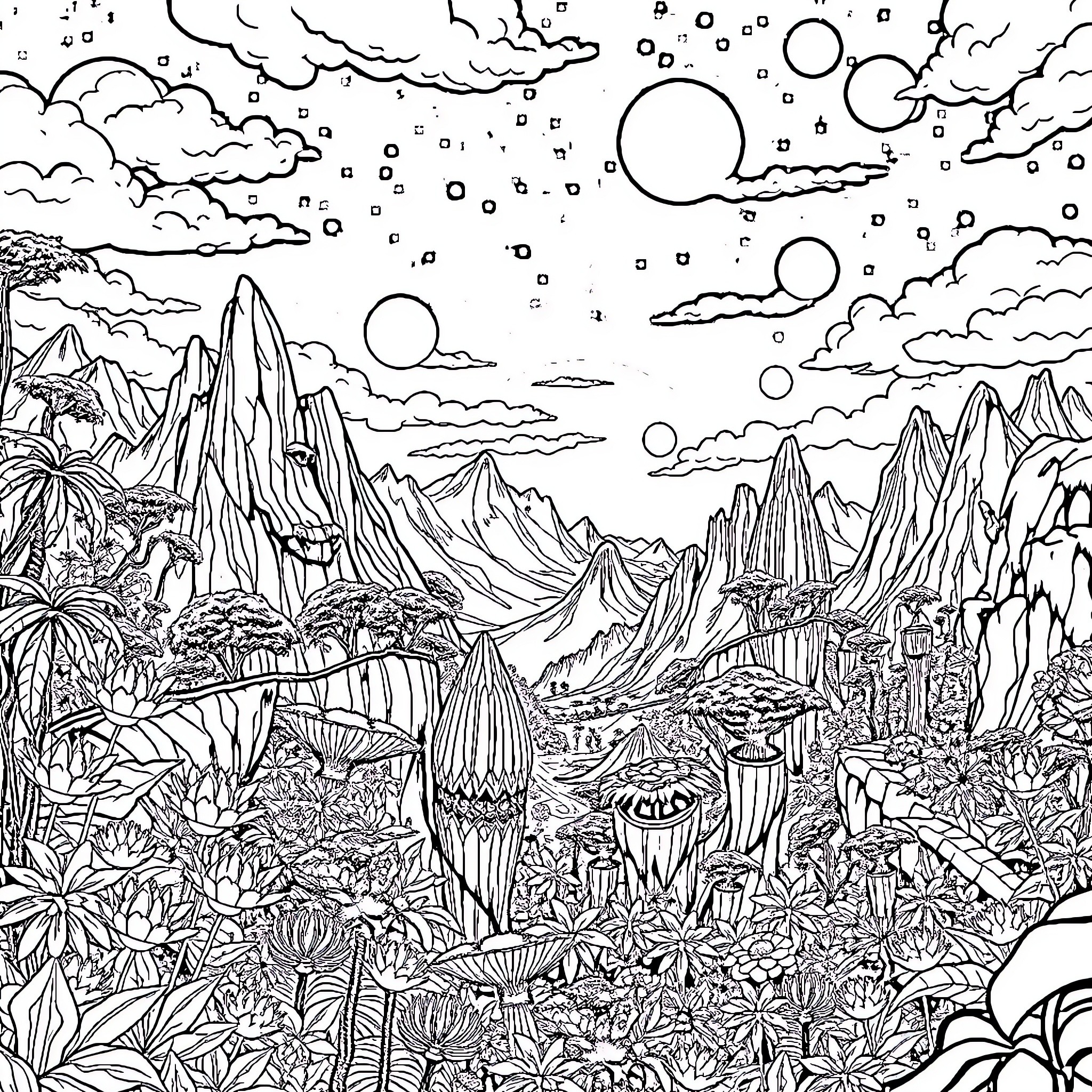 Avatar's Surreal Fantasy Landscape Coloring Page (free black-and-white line drawing printable PDF for all, from beginners to advanced learners, including children, teens, adults, and seniors)
