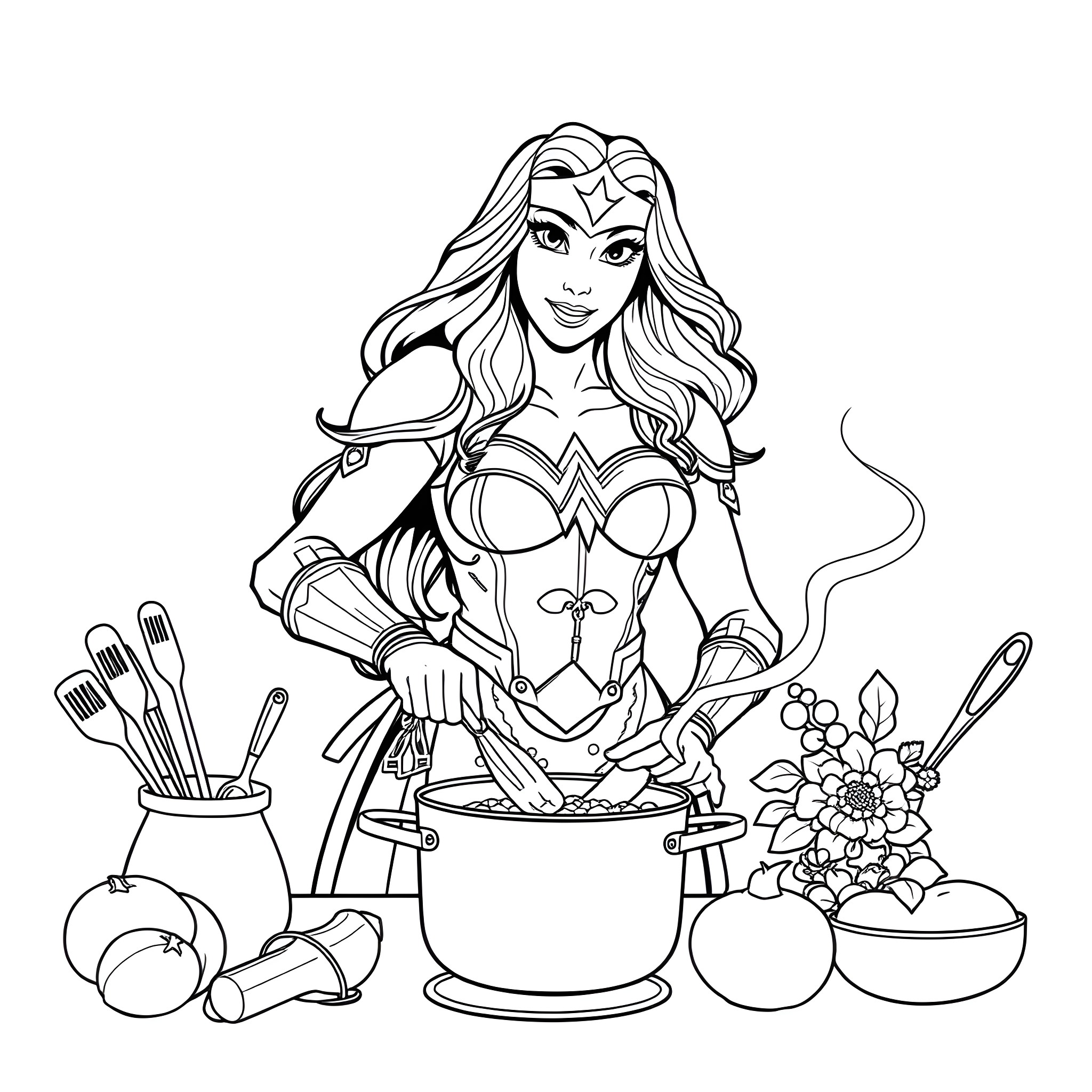 Wonderwoman cooking healthy meals with kitchen tools Coloring Page (free black-and-white line drawing printable PDF for all, from beginners to advanced learners, including children, teens, adults, and seniors)