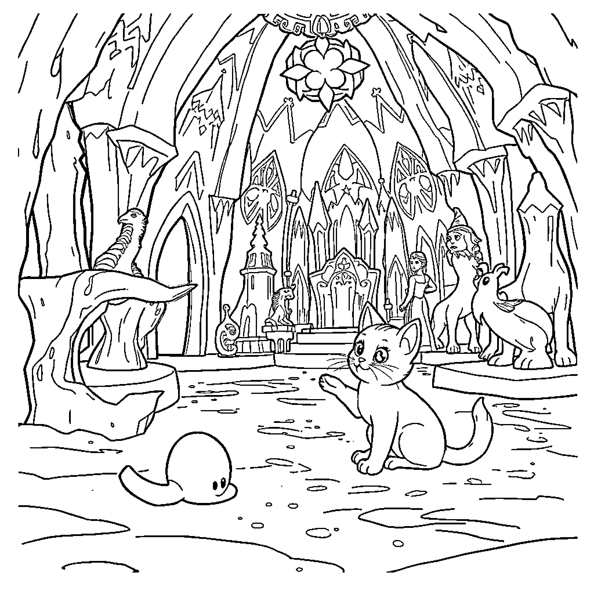 Chat in a fantasy castle landscape Coloring Page (free black-and-white line drawing printable PDF for all, from beginners to advanced learners, including children, teens, adults, and seniors)