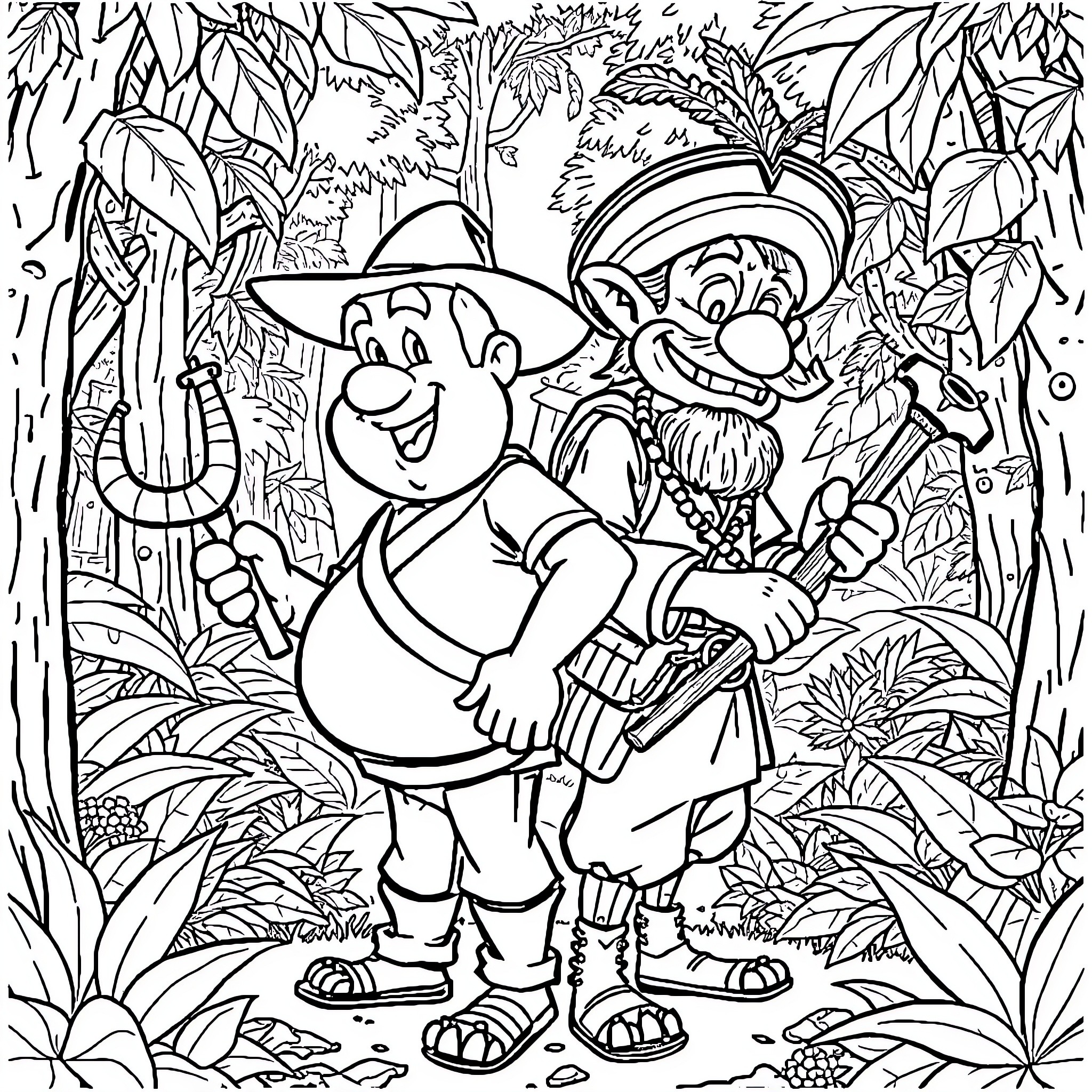 Patrick's Adventure in the Enchanted Jungle Coloring Page (free black-and-white line drawing printable PDF for all, from beginners to advanced learners, including children, teens, adults, and seniors)