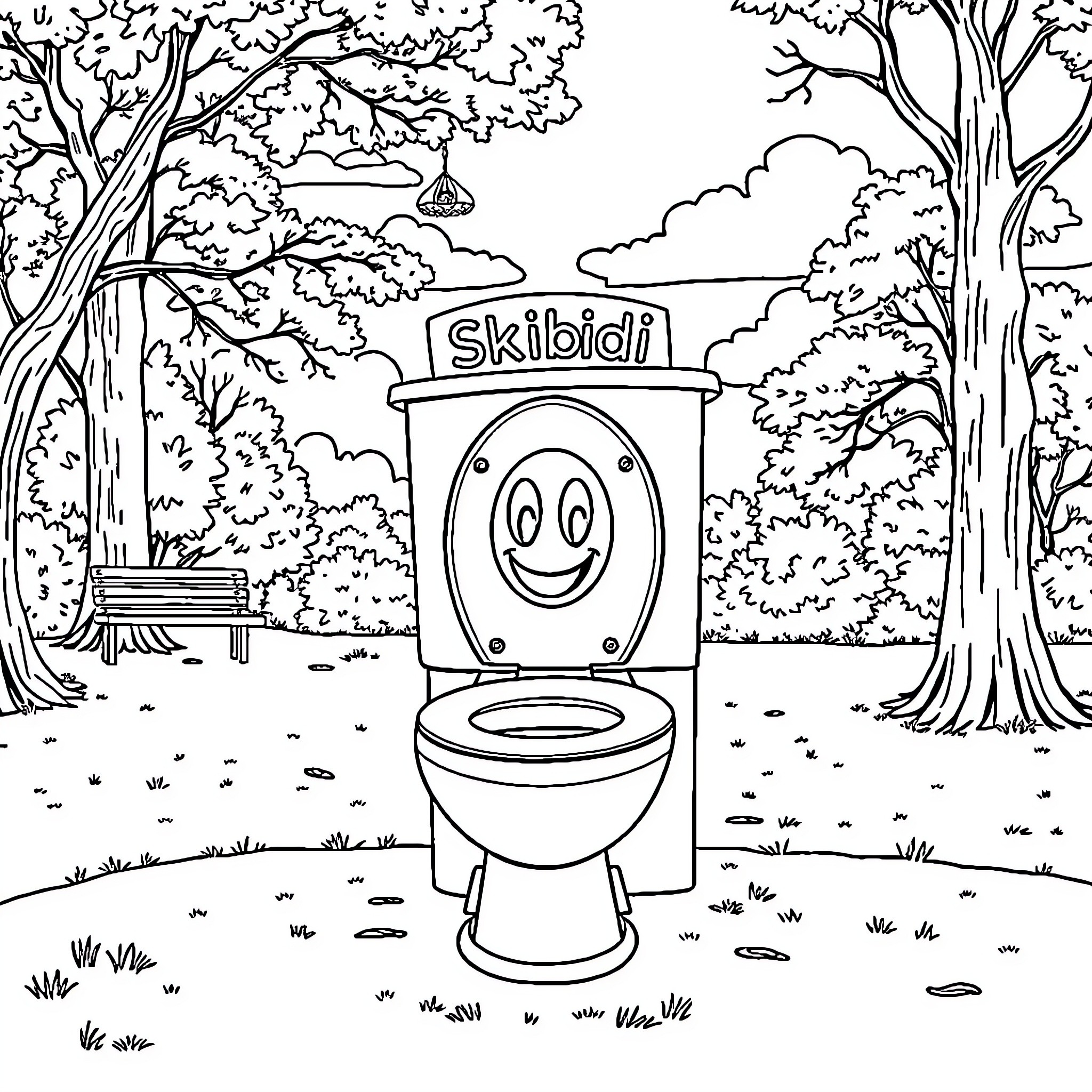 Skibidi Toilet in the Whimsical Forest Landscape Coloring Page (free black-and-white line drawing printable PDF for all, from beginners to advanced learners, including children, teens, adults, and seniors)