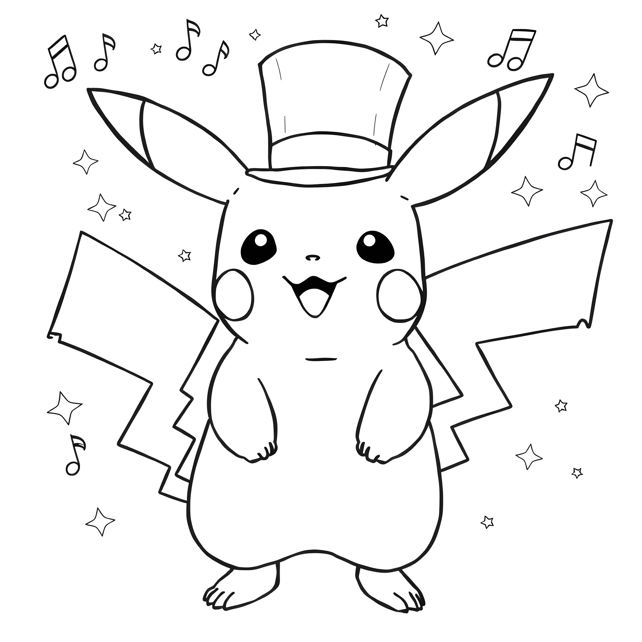 Pikachu Entertains with Music and Dance Coloring Page (free black-and-white line drawing printable PDF for all, from beginners to advanced learners, including children, teens, adults, and seniors)
