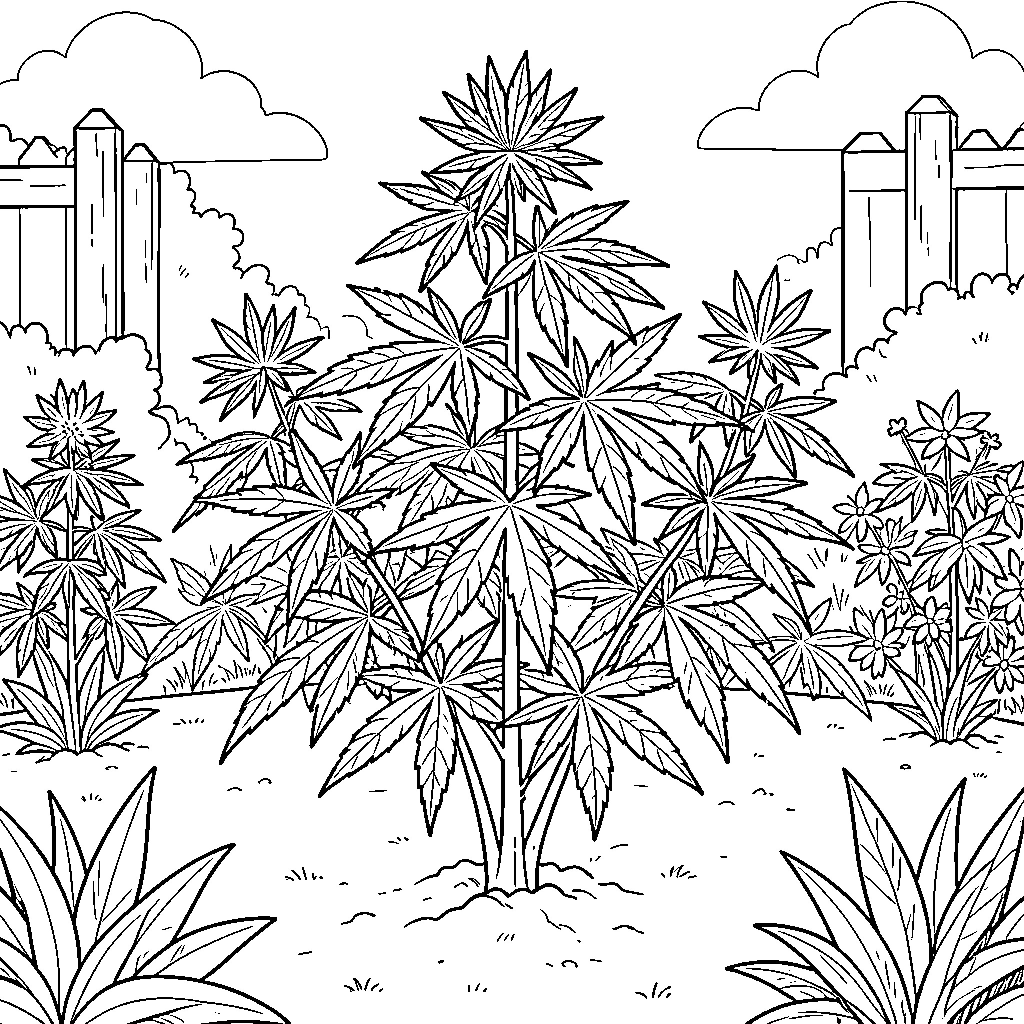 Marijuana plants growing in a garden setting Coloring Page (free black-and-white line drawing printable PDF for all, from beginners to advanced learners, including children, teens, adults, and seniors)