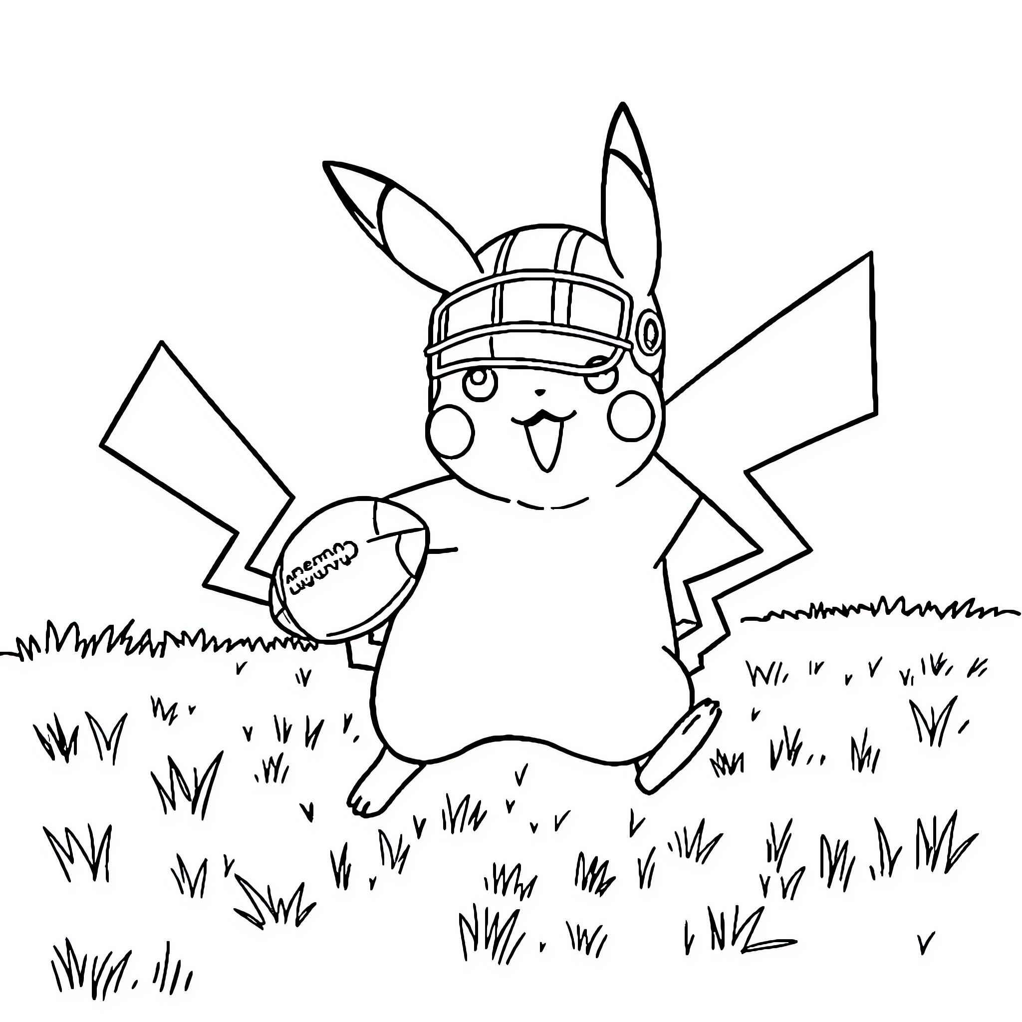 Pikachu playing with a ball in the grass Coloring Page (free black-and-white line drawing printable PDF for all, from beginners to advanced learners, including children, teens, adults, and seniors)