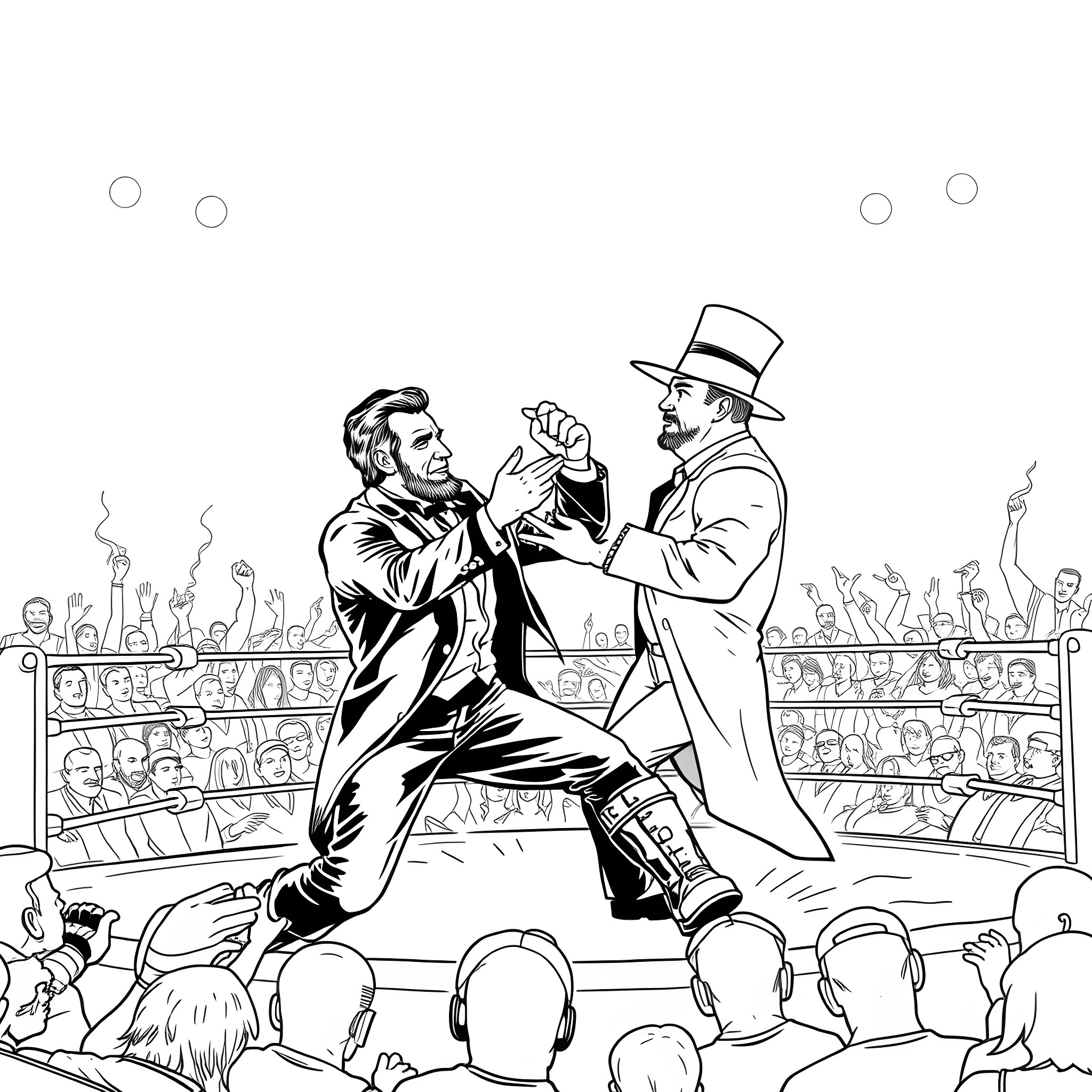 Abraham Lincoln boxed champion in dramatic match Coloring Page (free black-and-white line drawing printable PDF for all, from beginners to advanced learners, including children, teens, adults, and seniors)