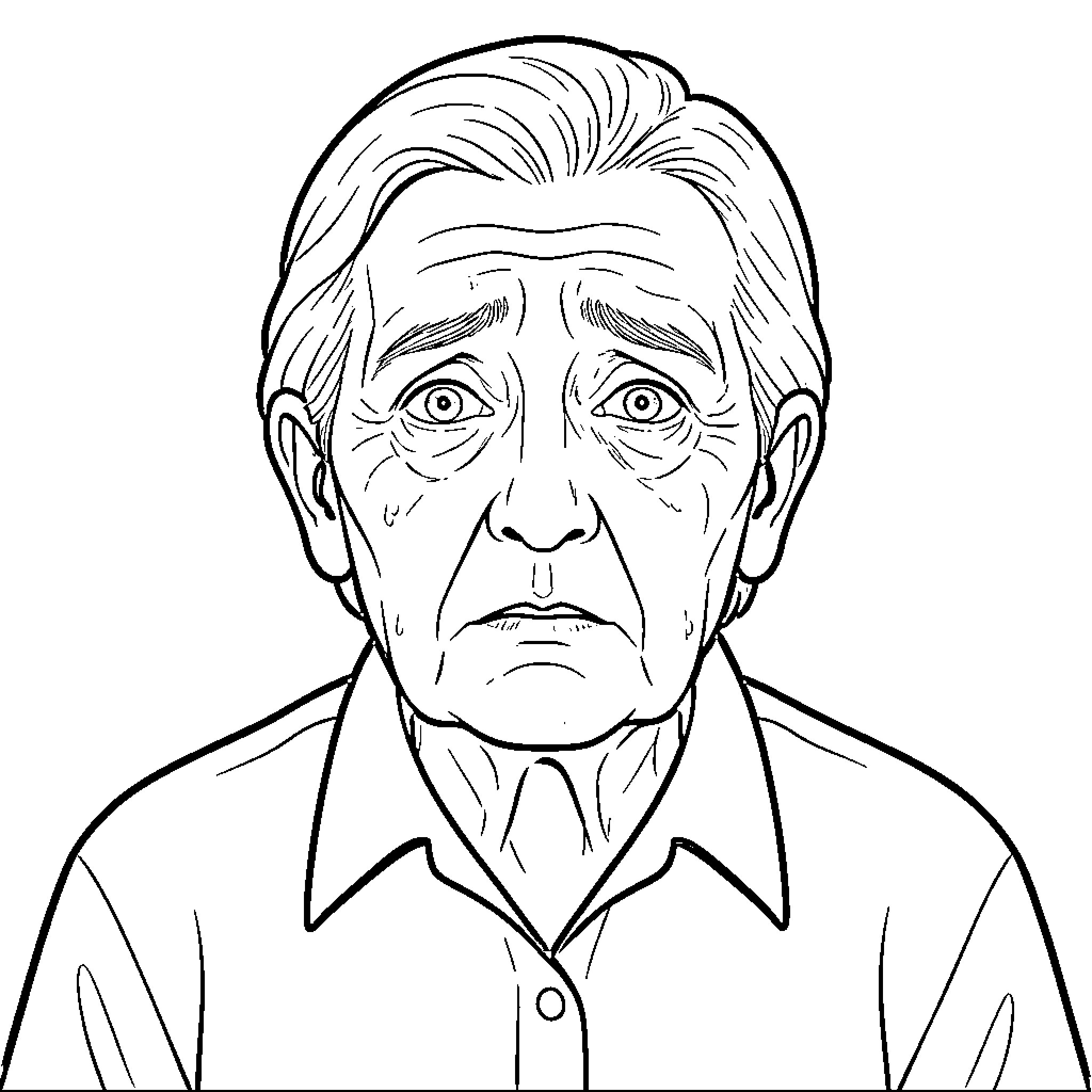 Human elderly woman with a sad facial expression Coloring Page (free black-and-white line drawing printable PDF for all, from beginners to advanced learners, including children, teens, adults, and seniors)