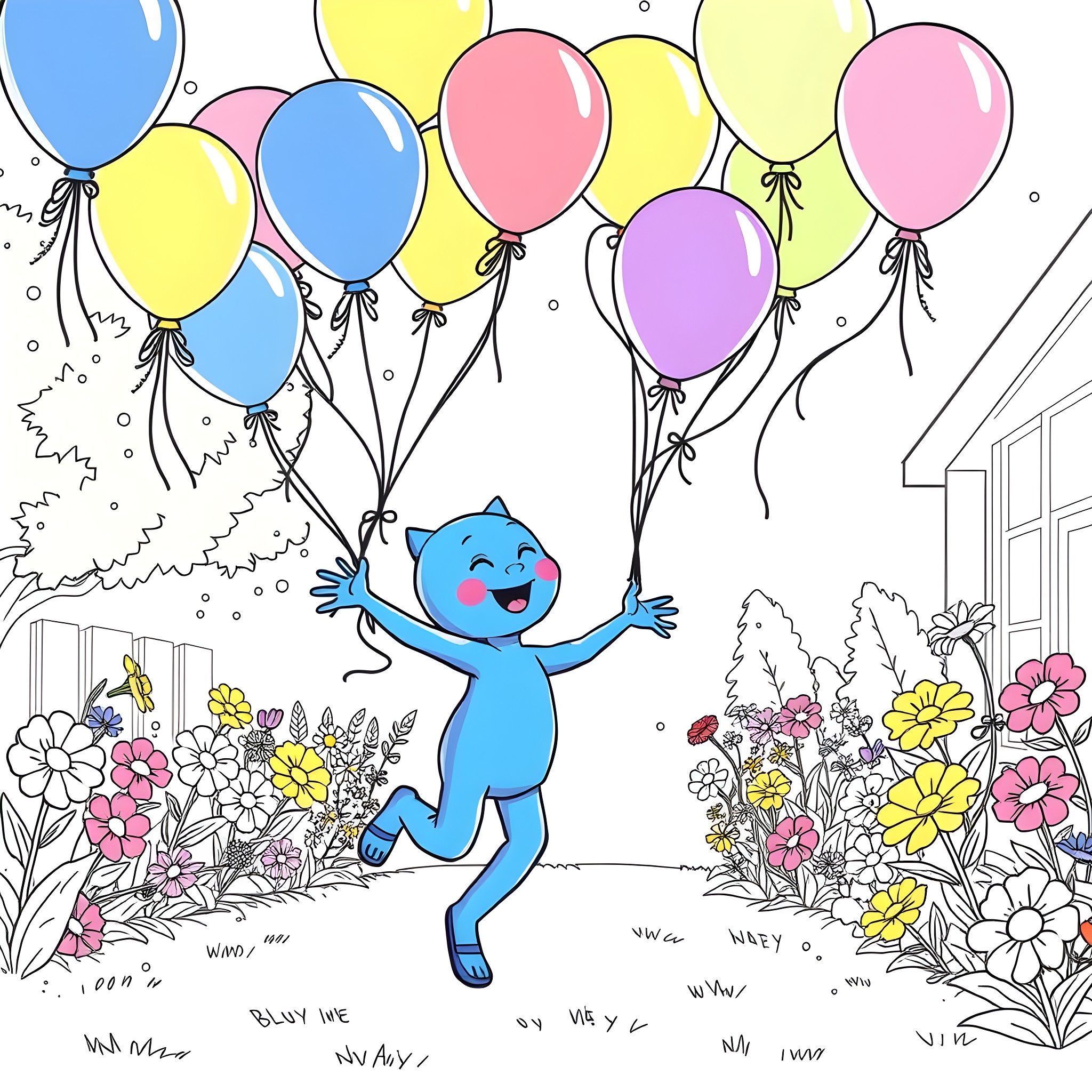 Bluey joyfully flying with colorful balloons Coloring Page (free black-and-white line drawing printable PDF for all, from beginners to advanced learners, including children, teens, adults, and seniors)