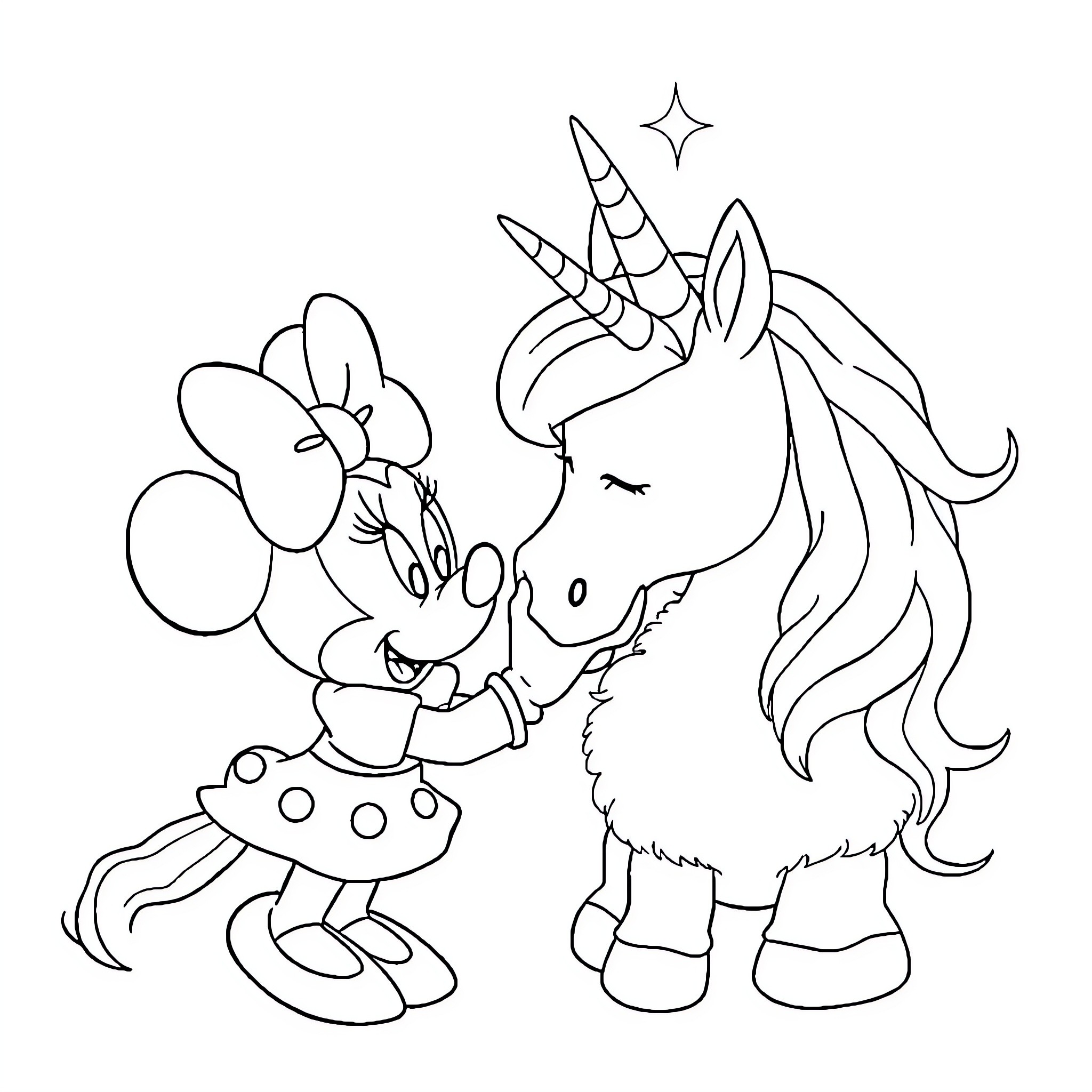 Minnie Mouse interacts with a whimsical unicorn Coloring Page (free black-and-white line drawing printable PDF for all, from beginners to advanced learners, including children, teens, adults, and seniors)
