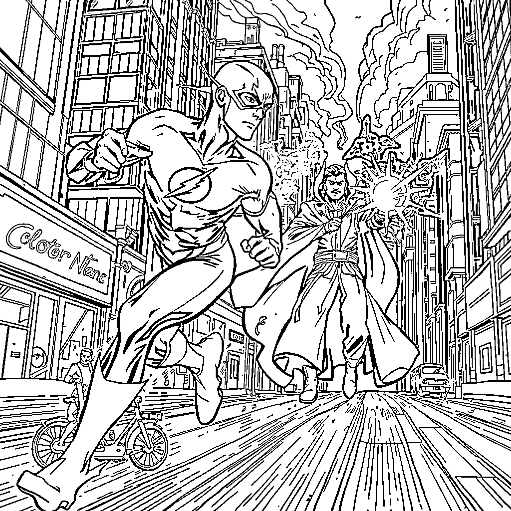 Flash of Heroic Action in City Streets Coloring Page (free black-and-white line drawing printable PDF for all, from beginners to advanced learners, including children, teens, adults, and seniors)