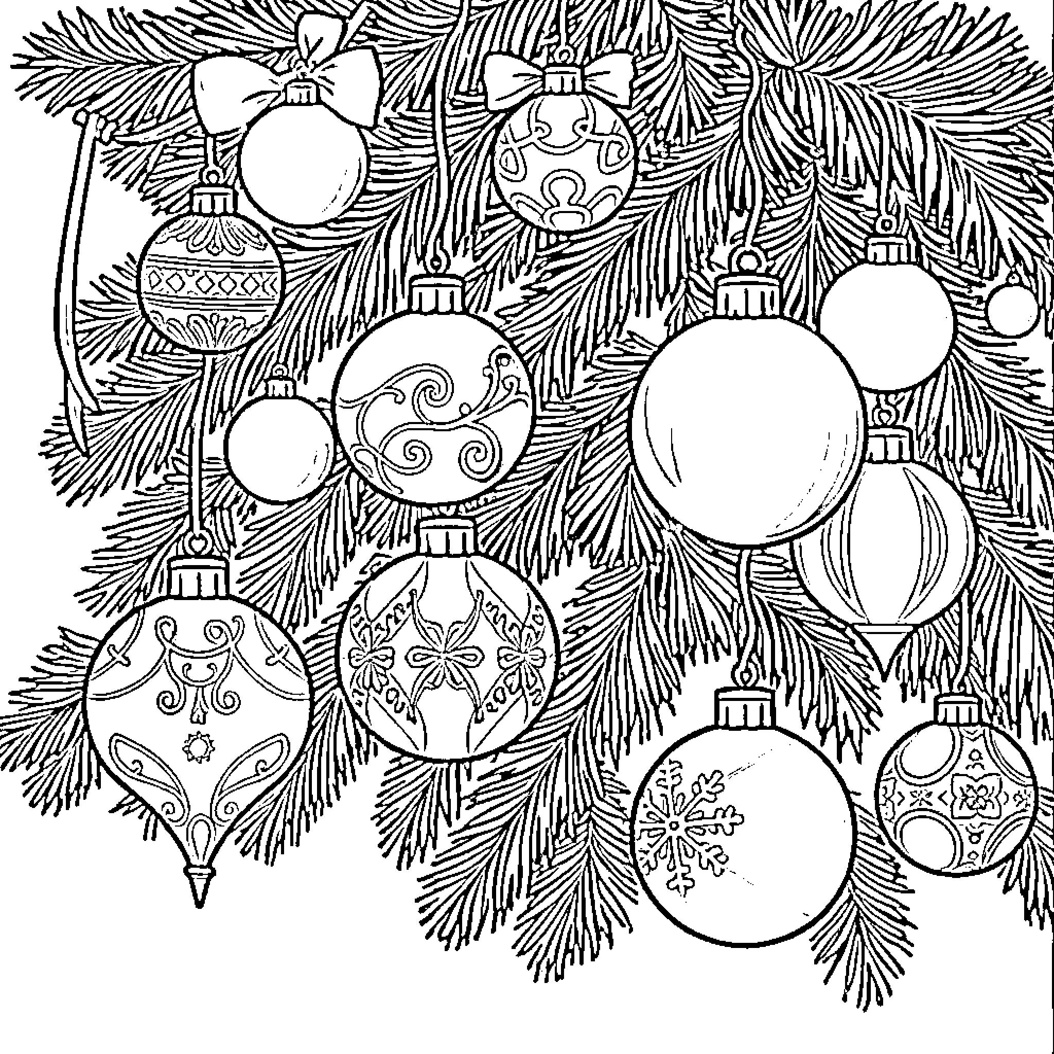 Christmas Ornament hanging on decorated pine branches Coloring Page (free black-and-white line drawing printable PDF for all, from beginners to advanced learners, including children, teens, adults, and seniors)